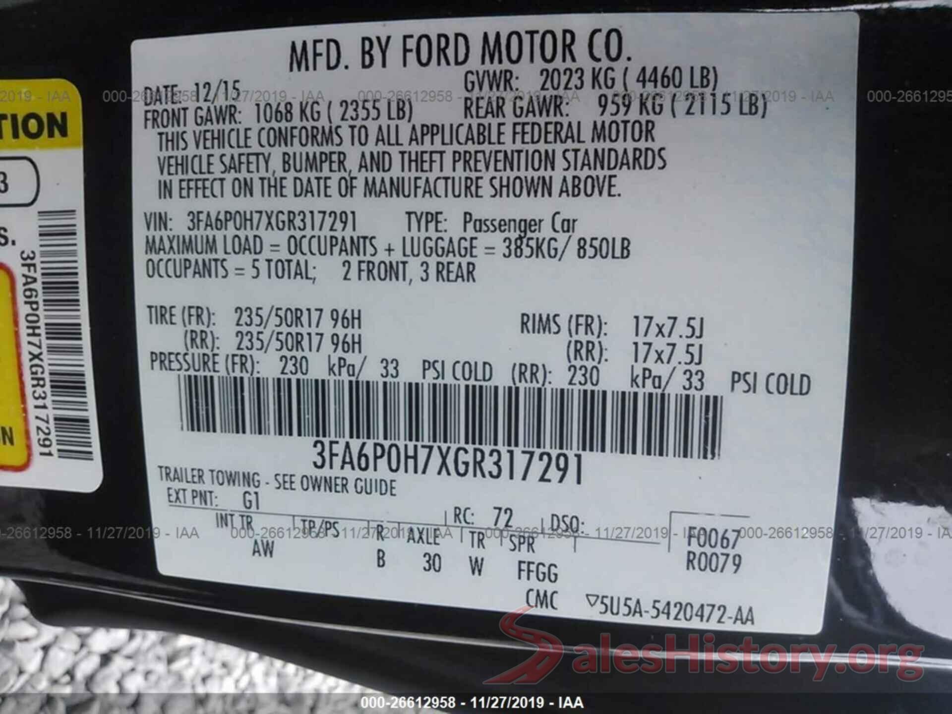 3FA6P0H7XGR317291 2016 Ford Fusion