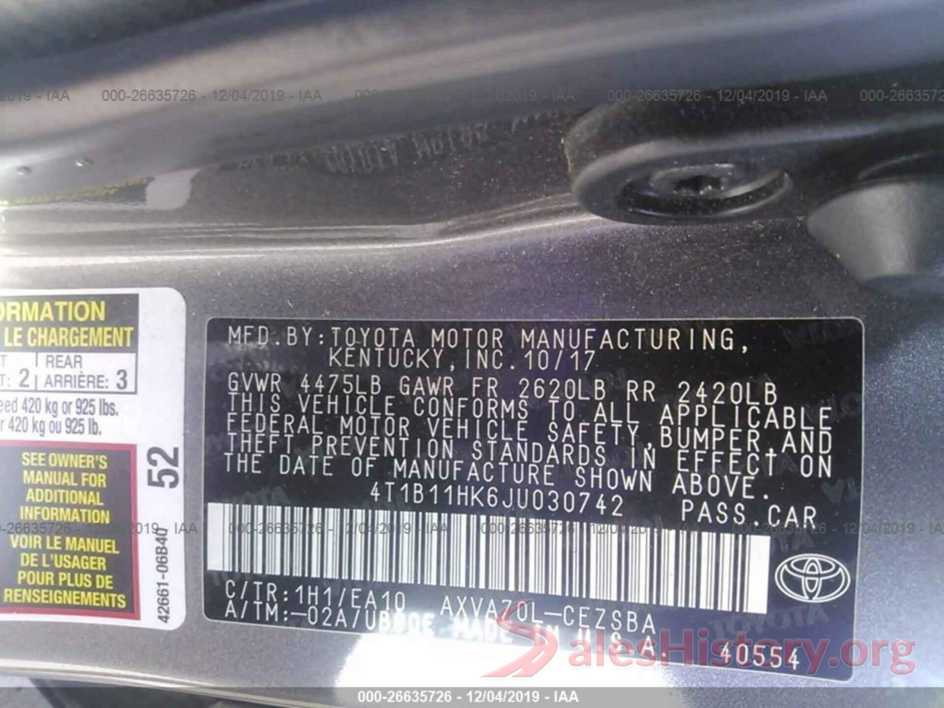 4T1B11HK6JU030742 2018 TOYOTA CAMRY