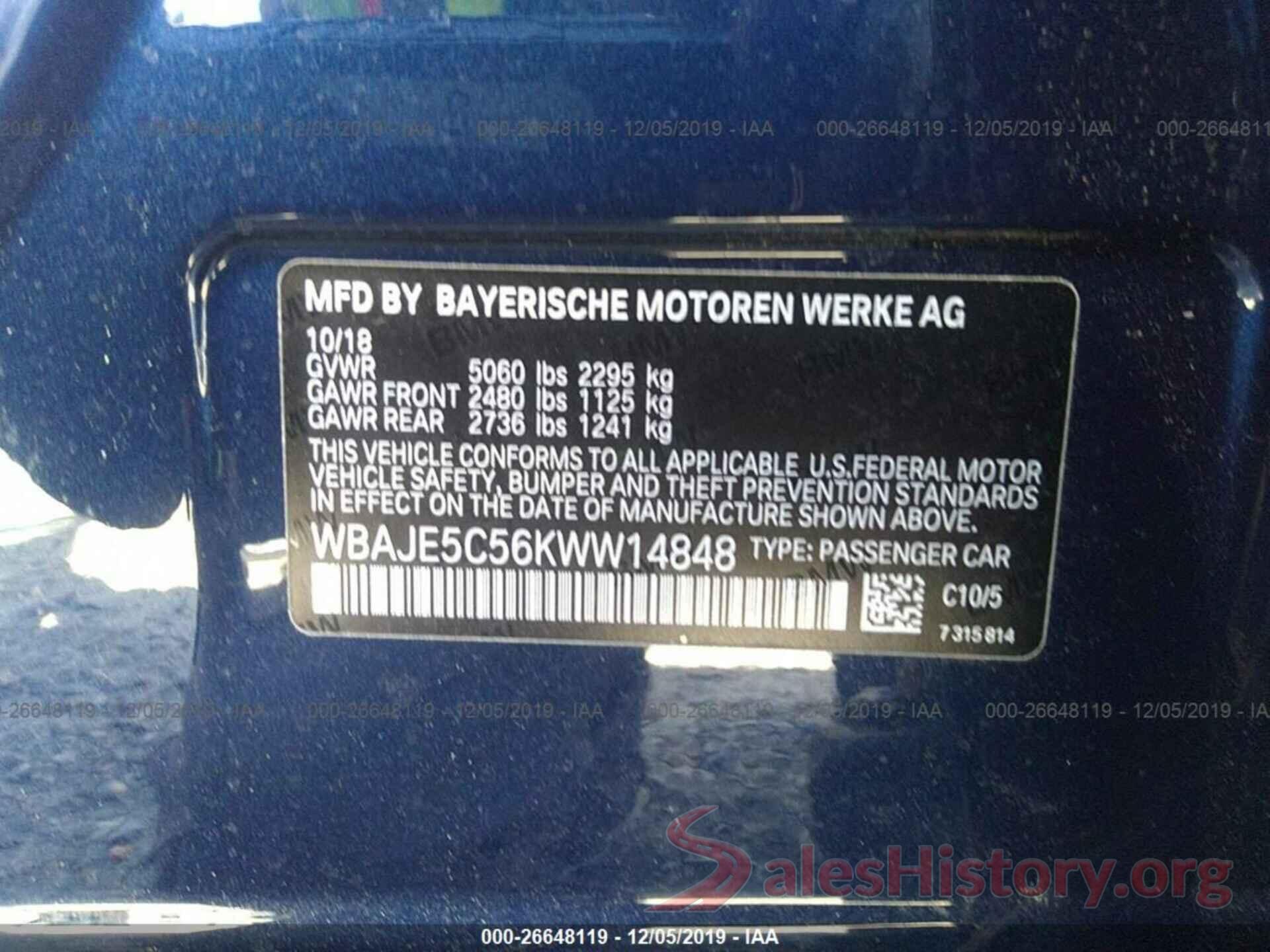 WBAJE5C56KWW14848 2019 BMW 5 SERIES