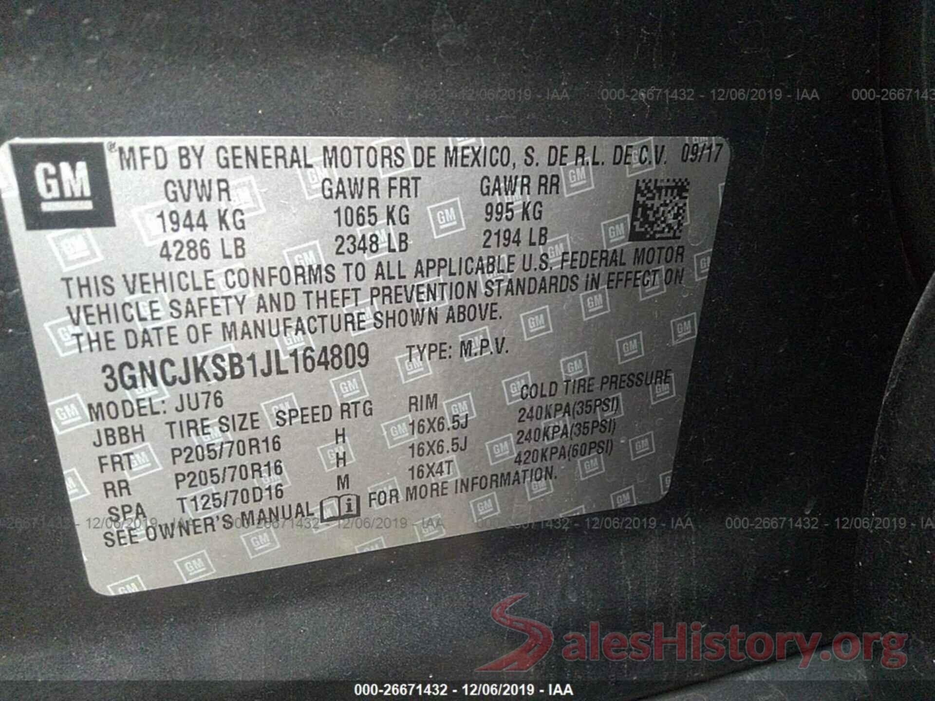 3GNCJKSB1JL164809 2018 CHEVROLET TRAX