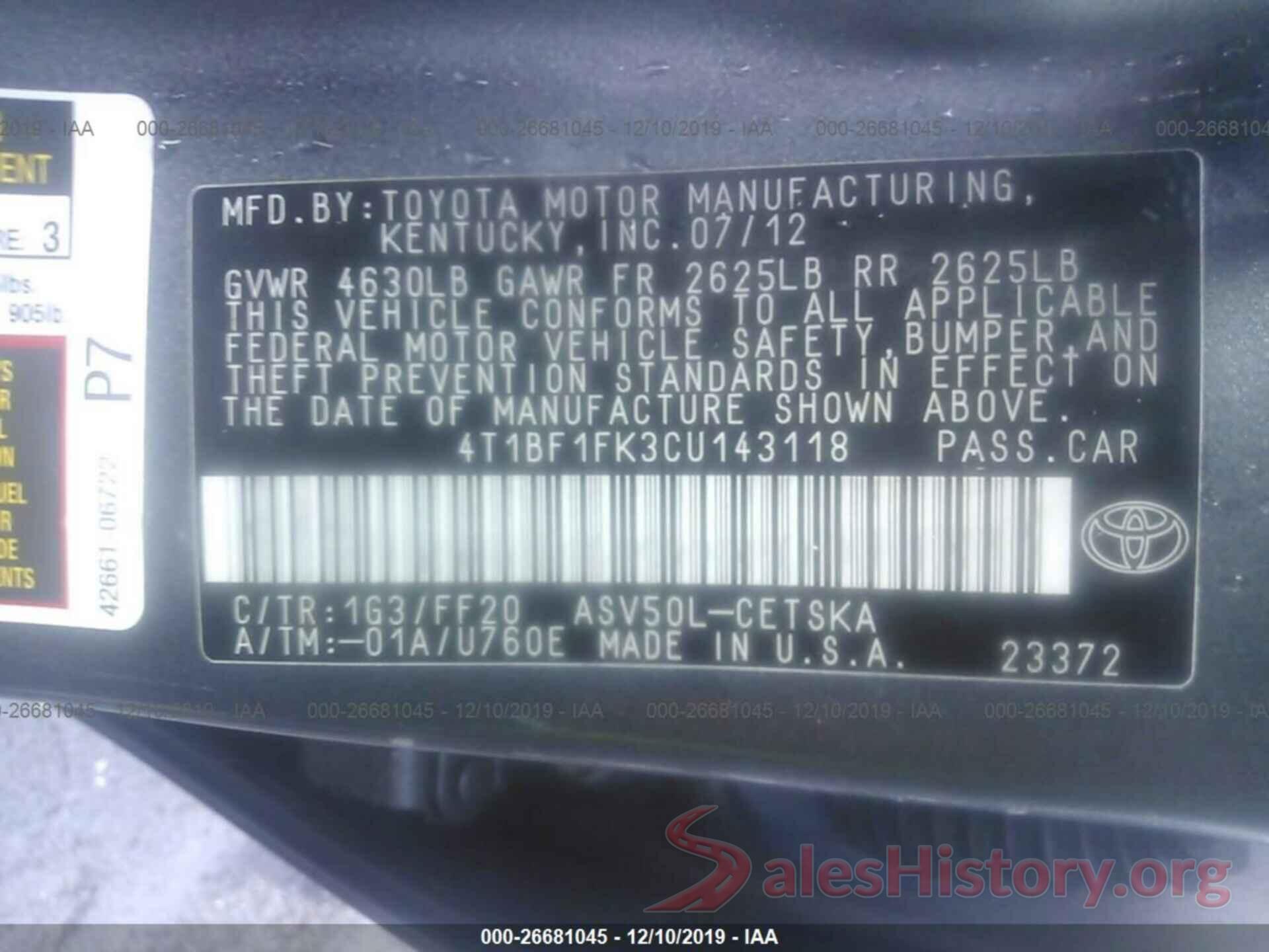 4T1BF1FK3CU143118 2012 TOYOTA CAMRY