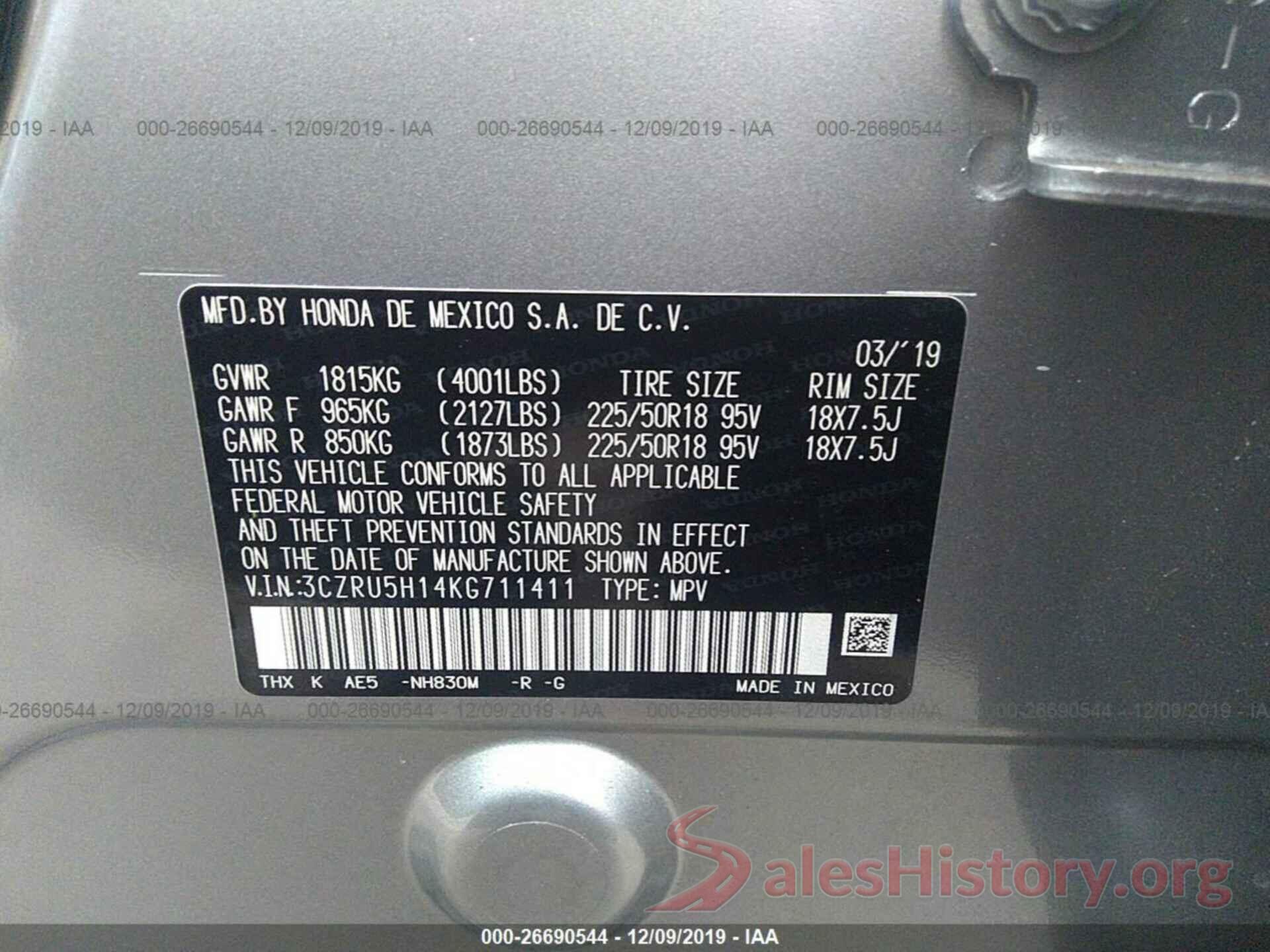 3CZRU5H14KG711411 2019 HONDA HR-V