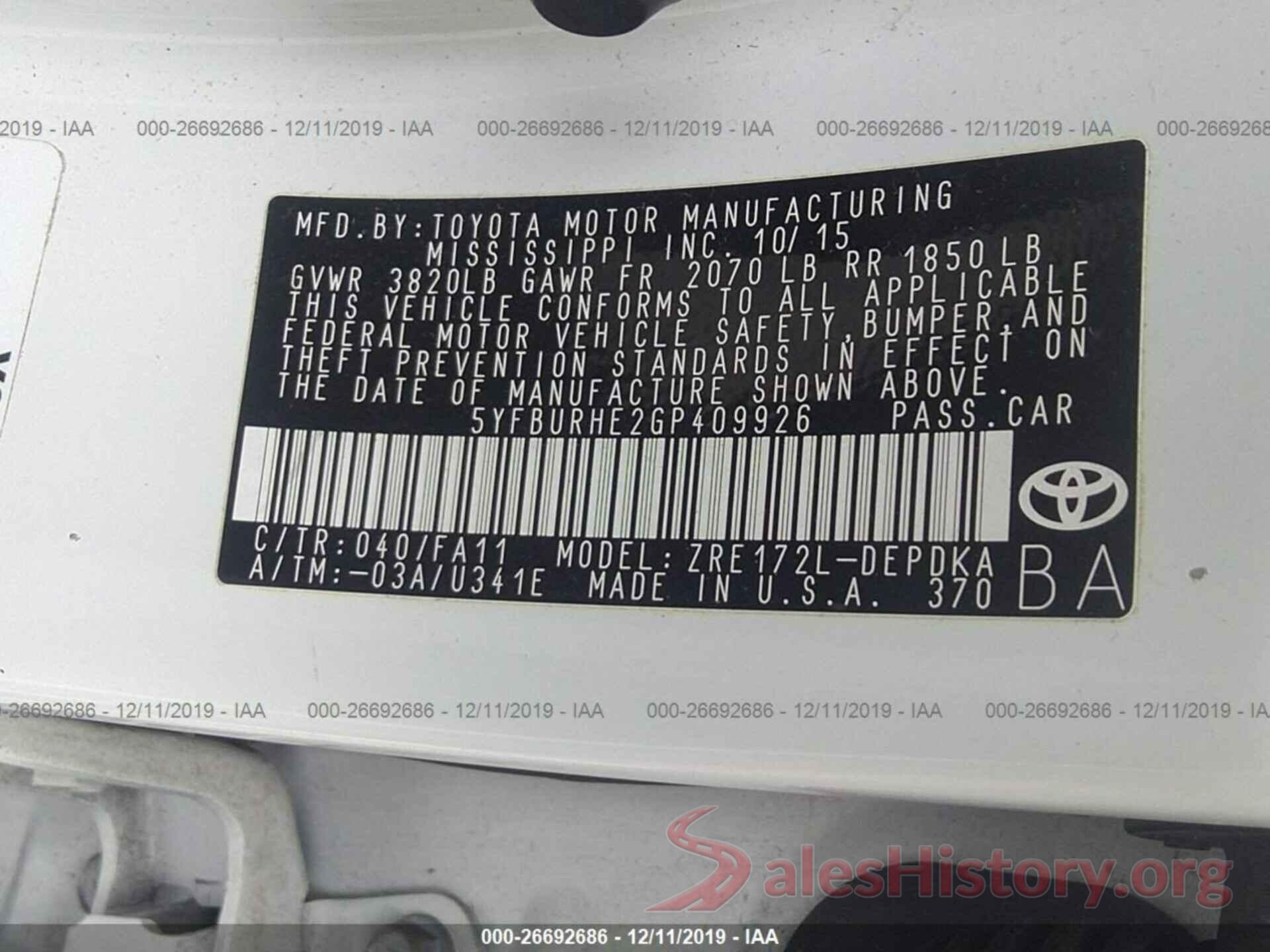 5YFBURHE2GP409926 2016 TOYOTA COROLLA