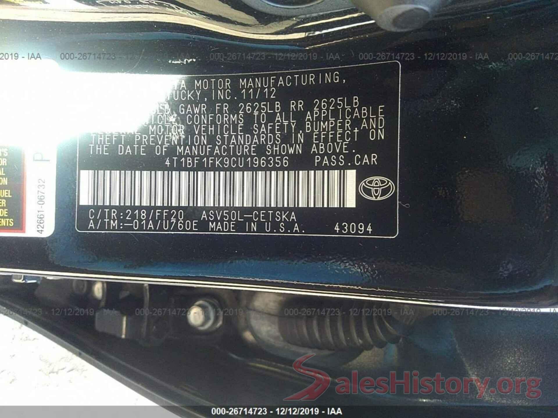 4T1BF1FK9CU196356 2012 TOYOTA CAMRY