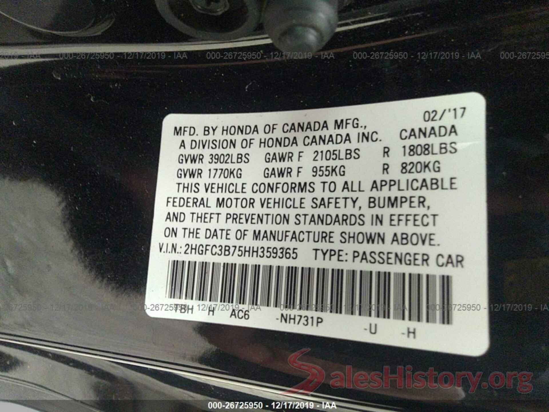 2HGFC3B75HH359365 2017 HONDA CIVIC