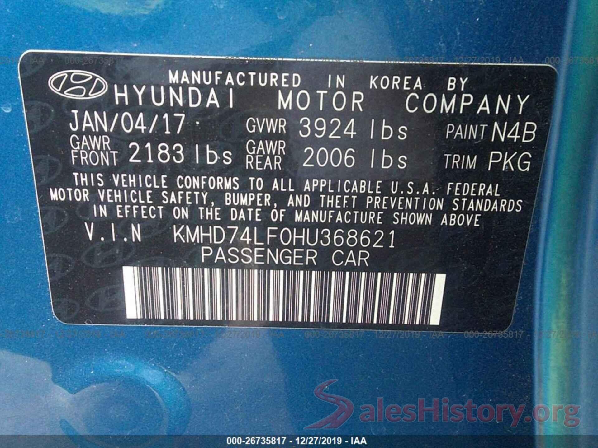 KMHD74LF0HU368621 2017 Hyundai Elantra