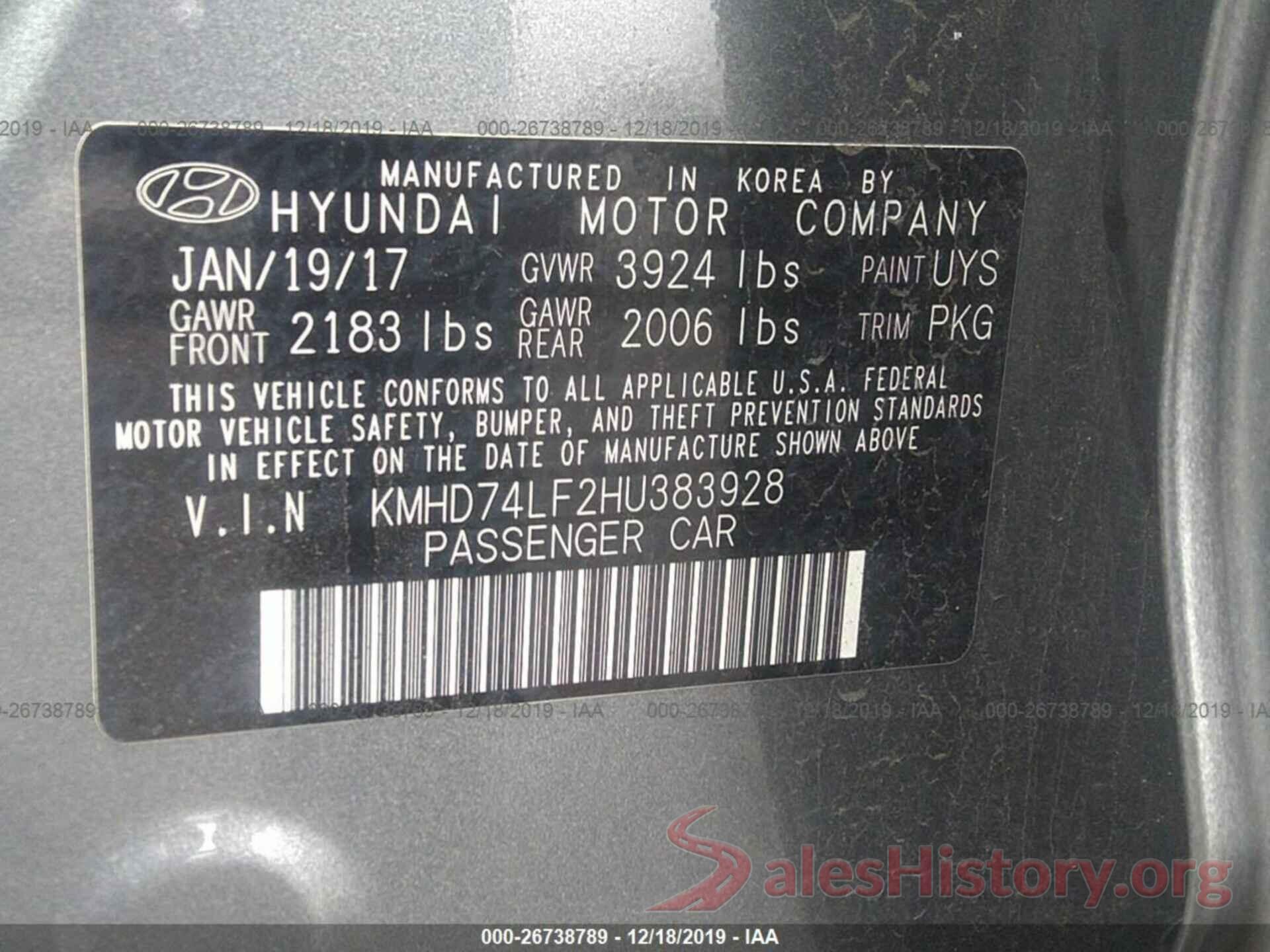 KMHD74LF2HU383928 2017 Hyundai Elantra