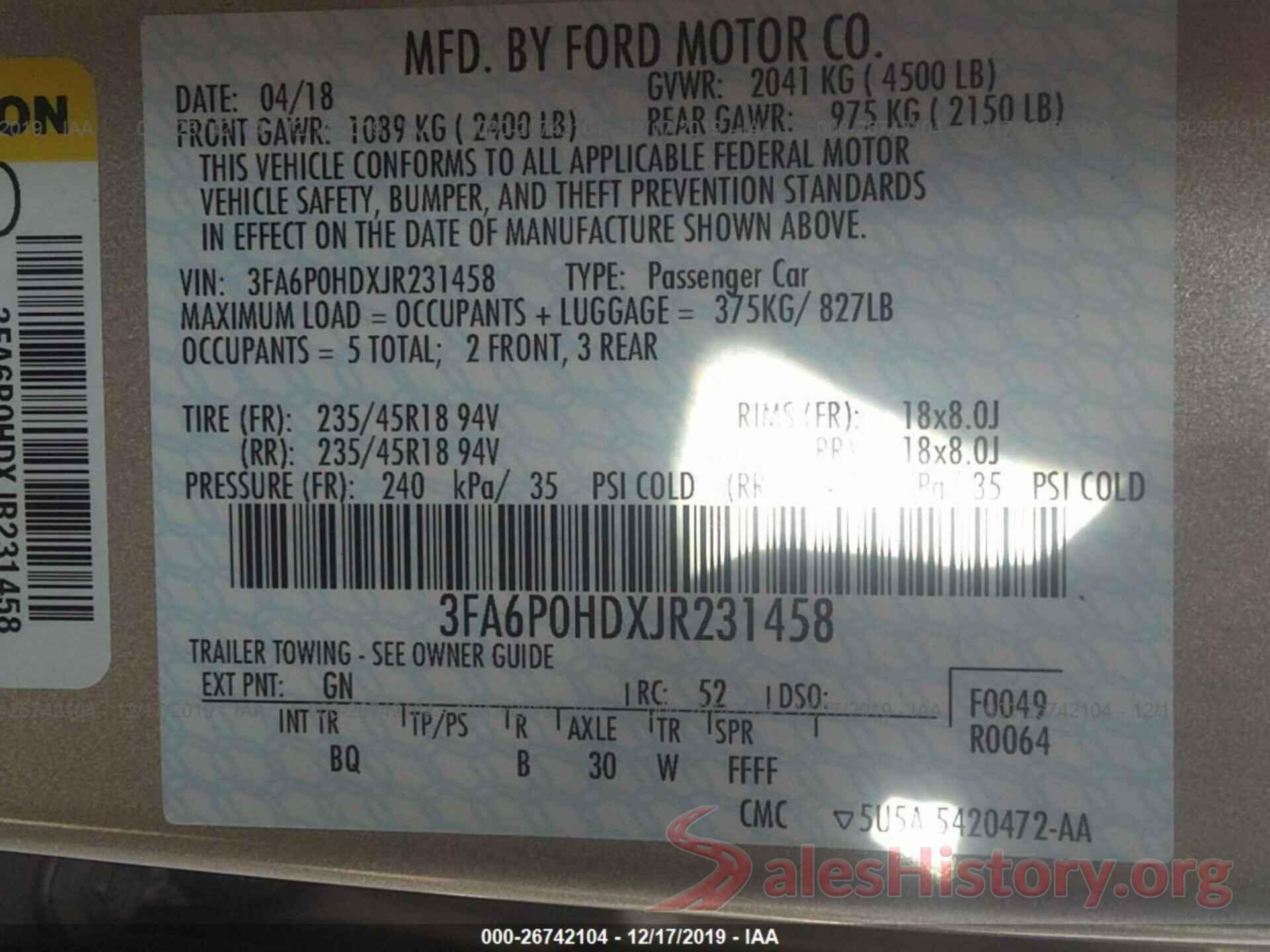 3FA6P0HDXJR231458 2018 FORD FUSION