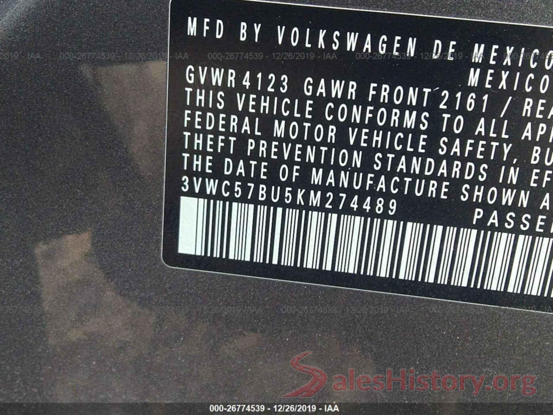 3VWC57BU5KM274489 2019 VOLKSWAGEN JETTA