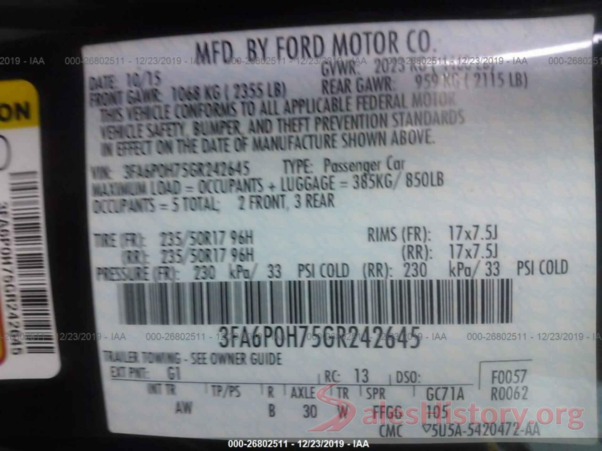 3FA6P0H75GR242645 2016 FORD FUSION