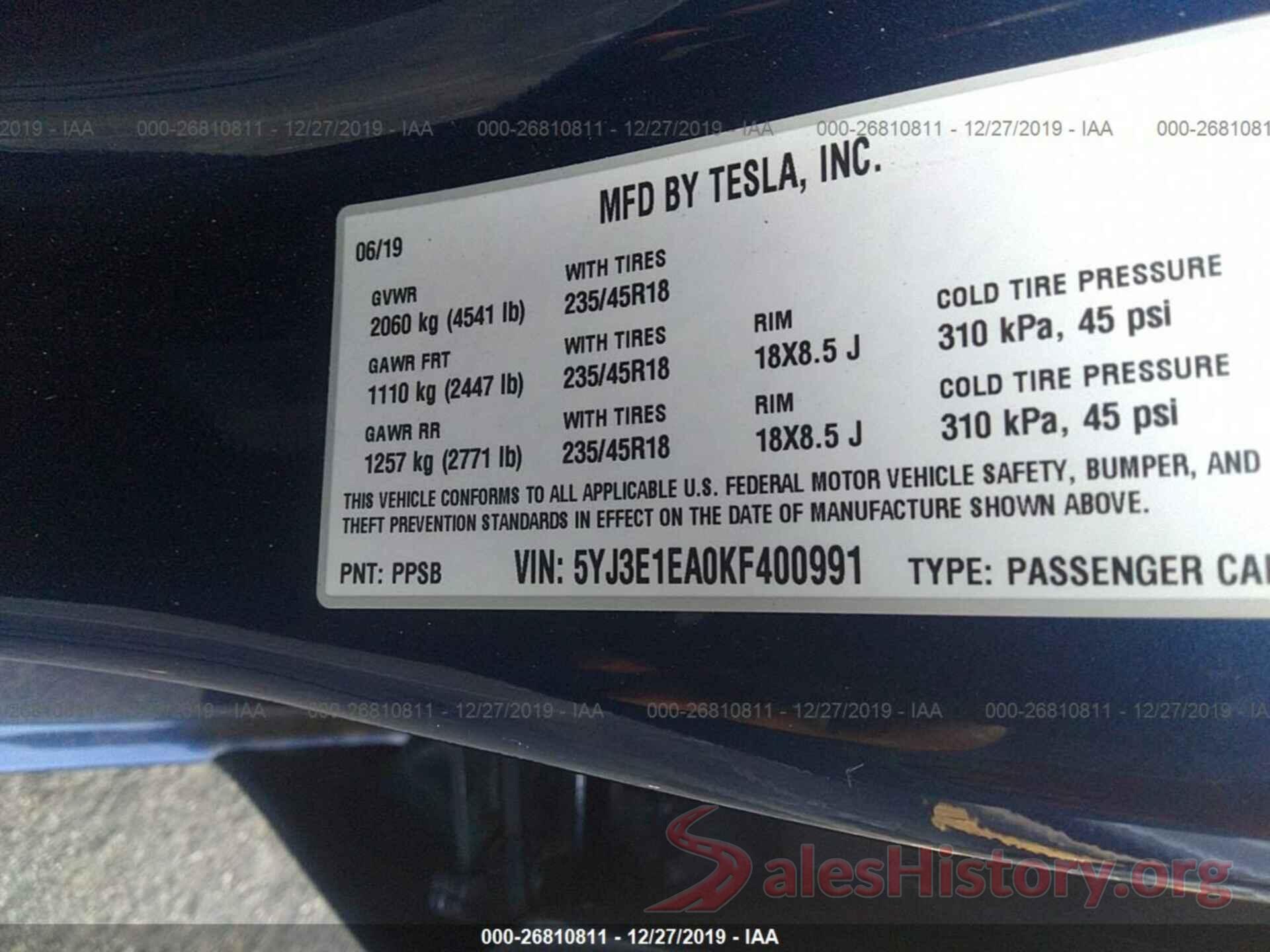 5YJ3E1EA0KF400991 2019 TESLA MODEL 3