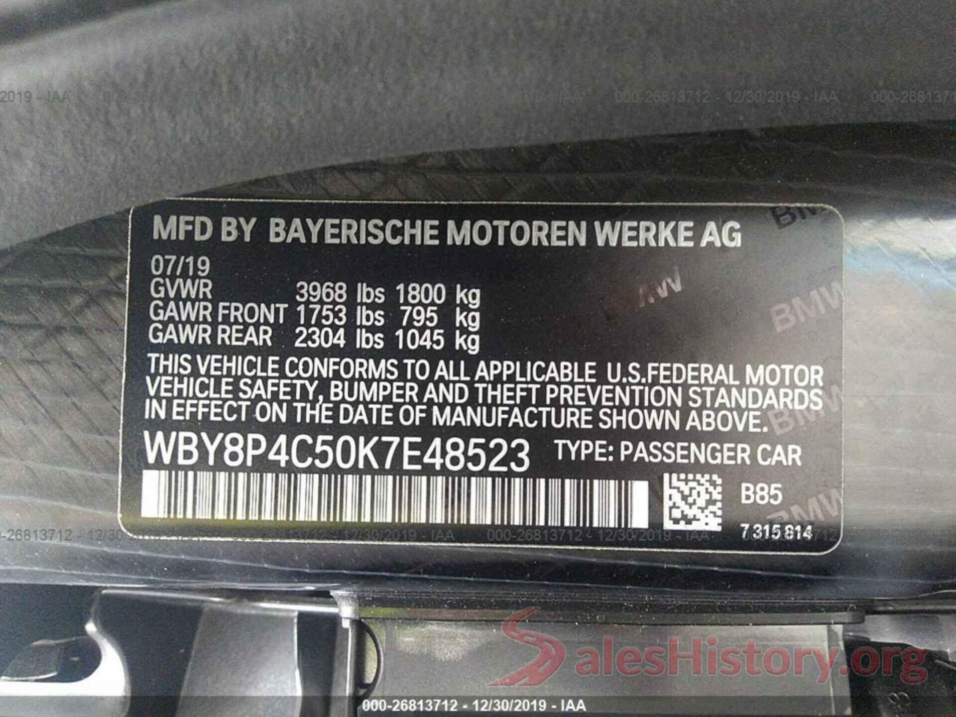 WBY8P4C50K7E48523 2019 BMW I3