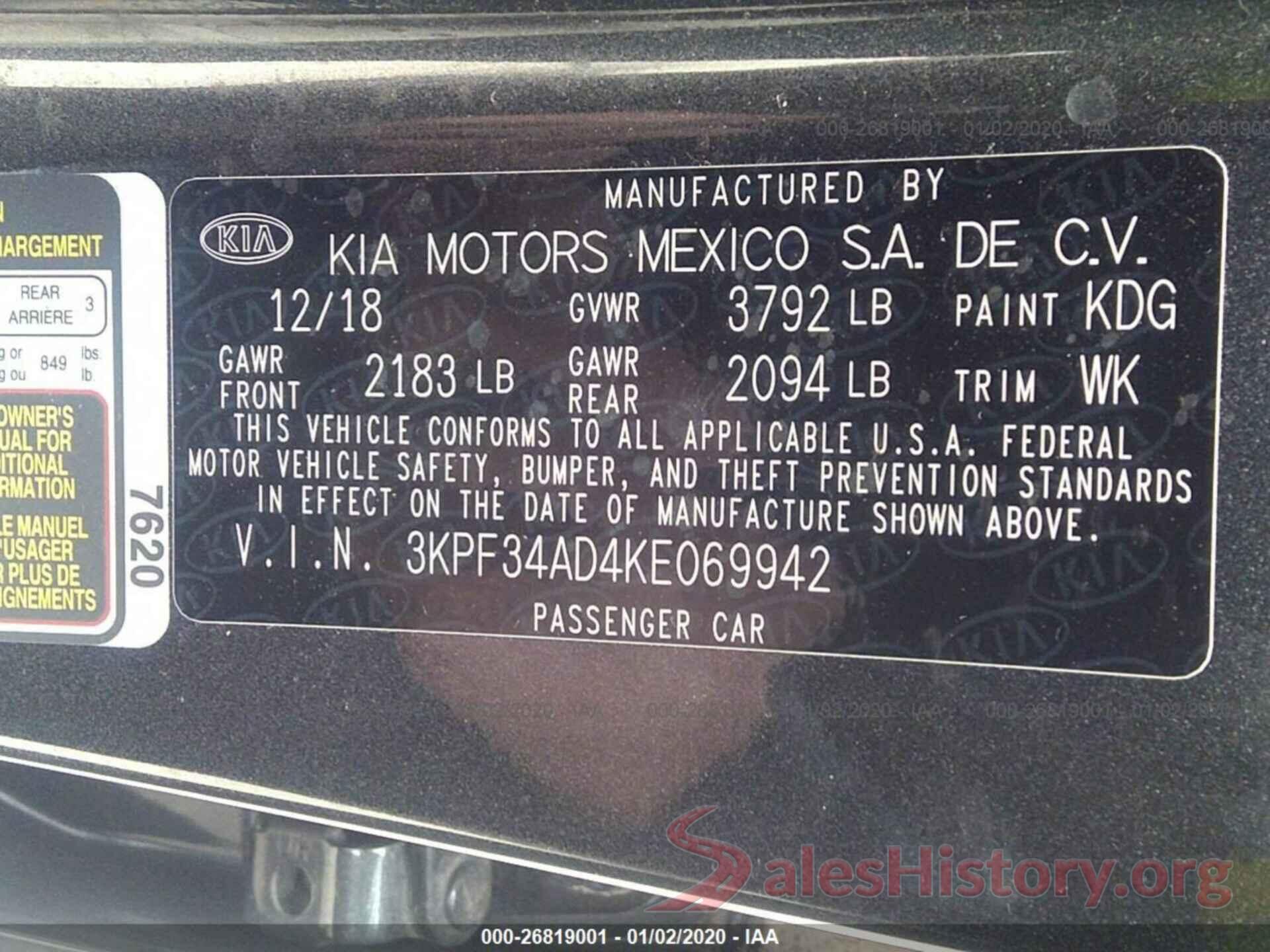 3KPF34AD4KE069942 2019 KIA FORTE