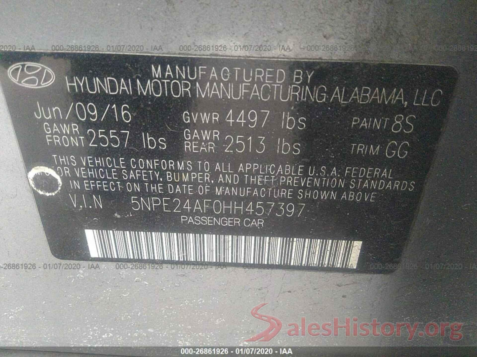 5NPE24AF0HH457397 2017 HYUNDAI SONATA