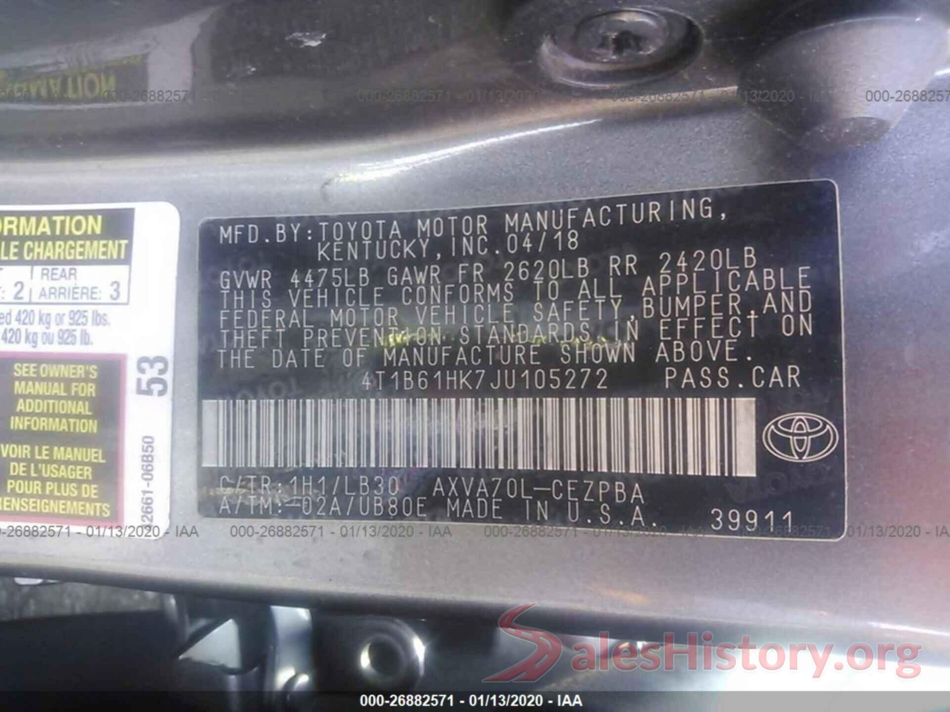 4T1B61HK7JU105272 2018 TOYOTA CAMRY