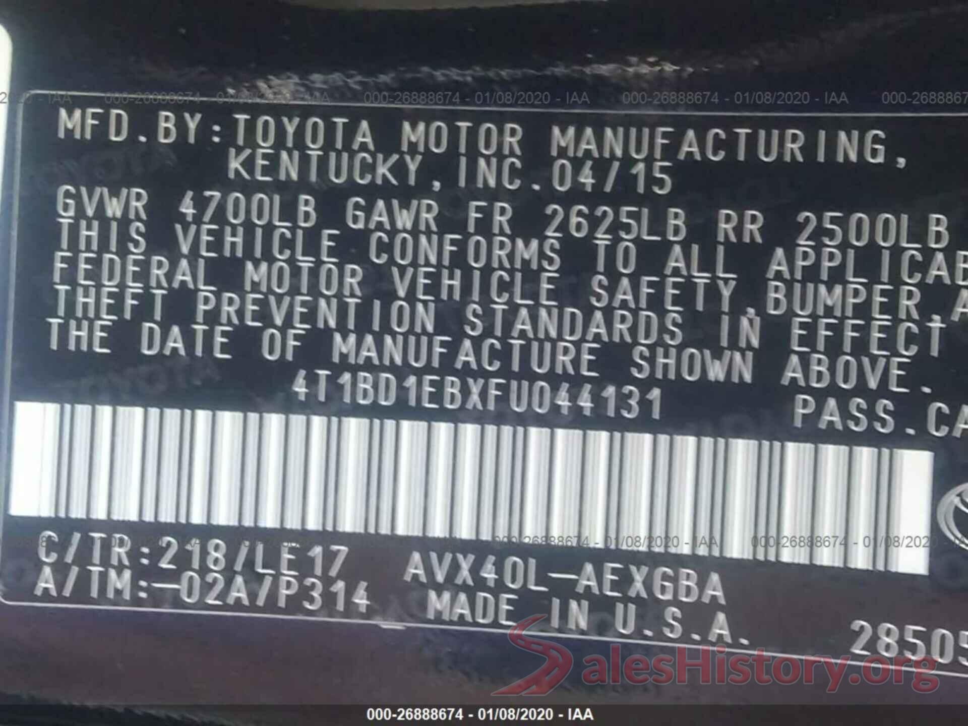 4T1BD1EBXFU044131 2015 TOYOTA AVALON