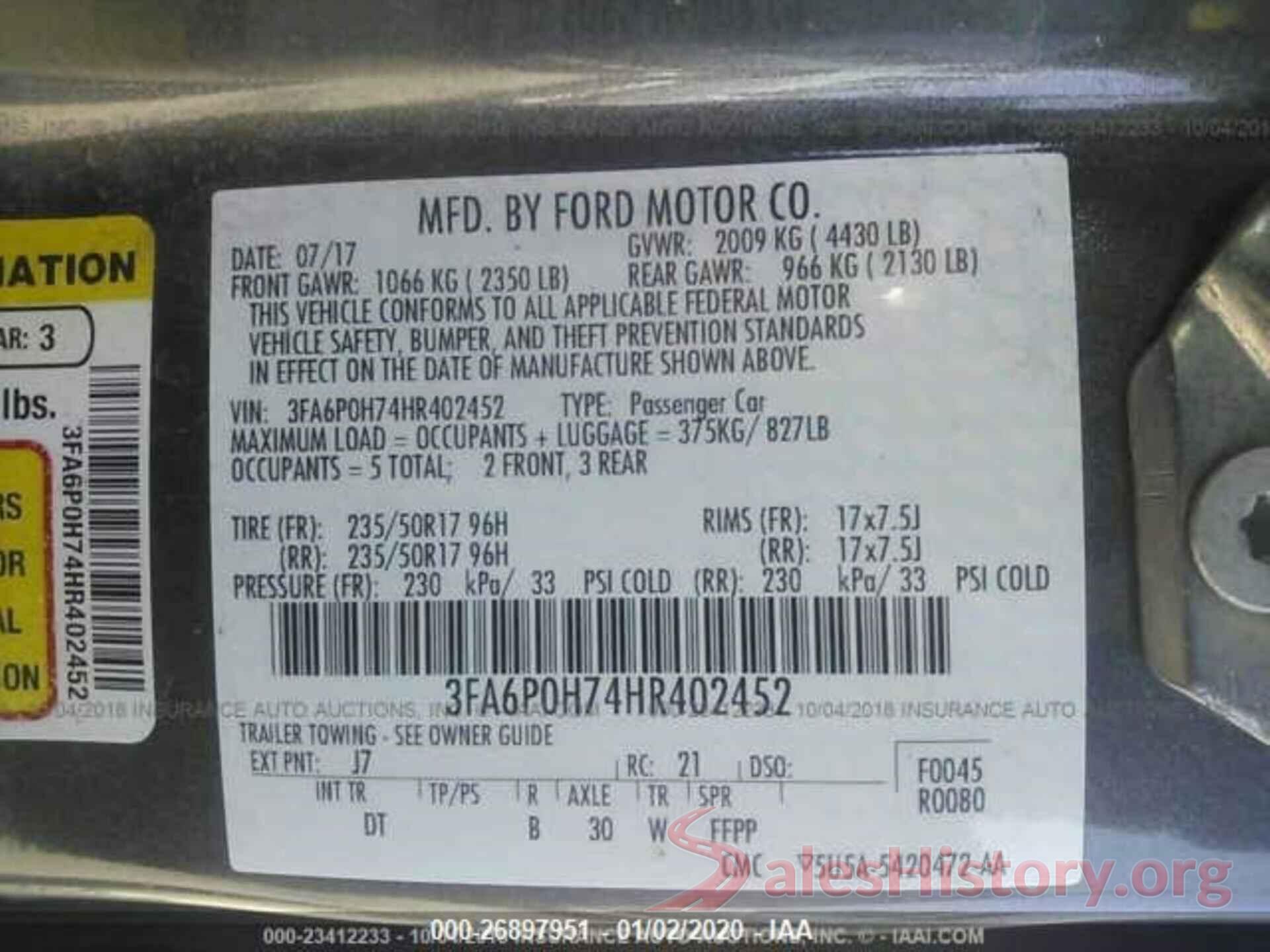 3FA6P0H74HR402452 2017 FORD FUSION