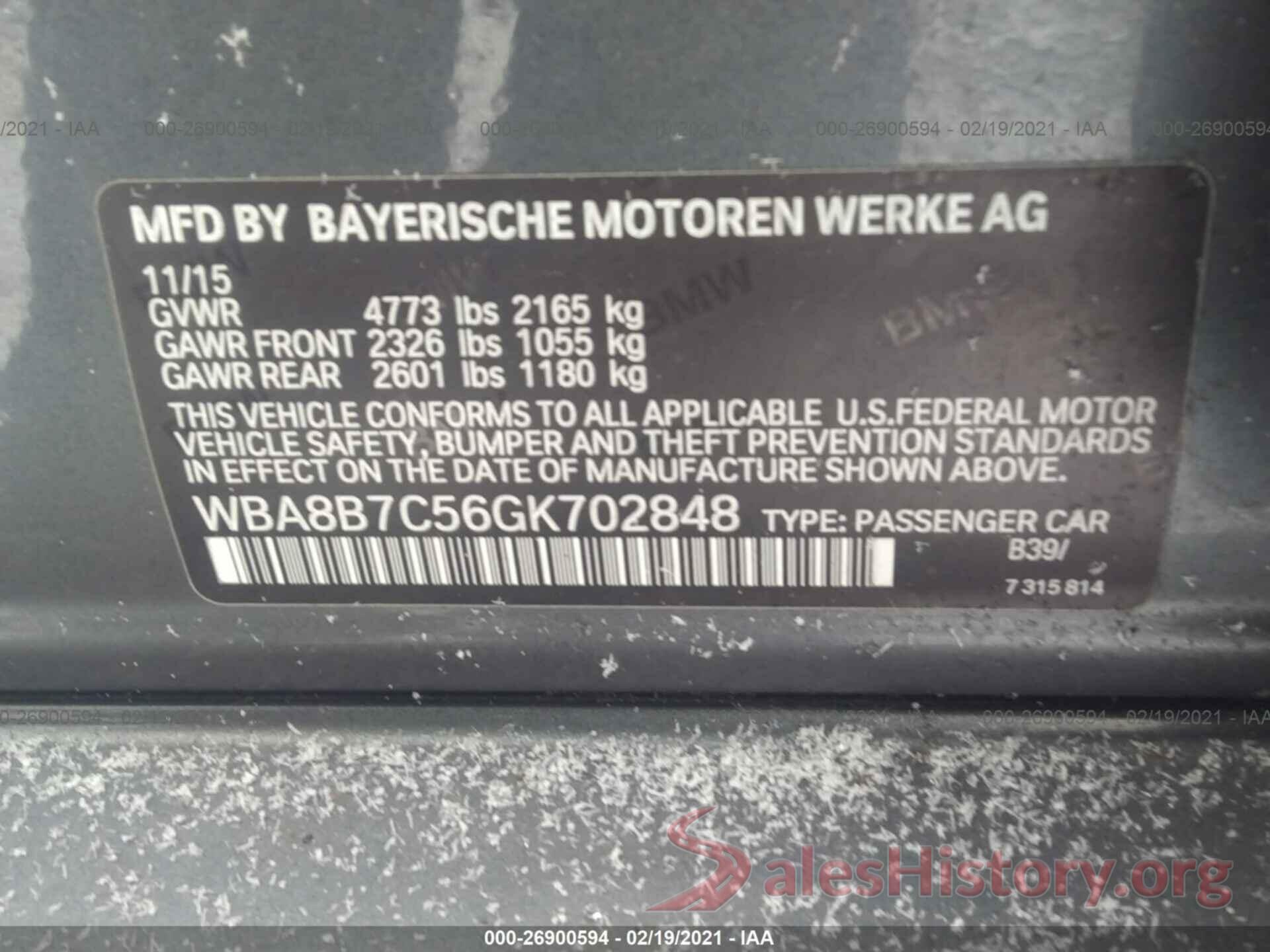 WBA8B7C56GK702848 2016 BMW 3 SERIES