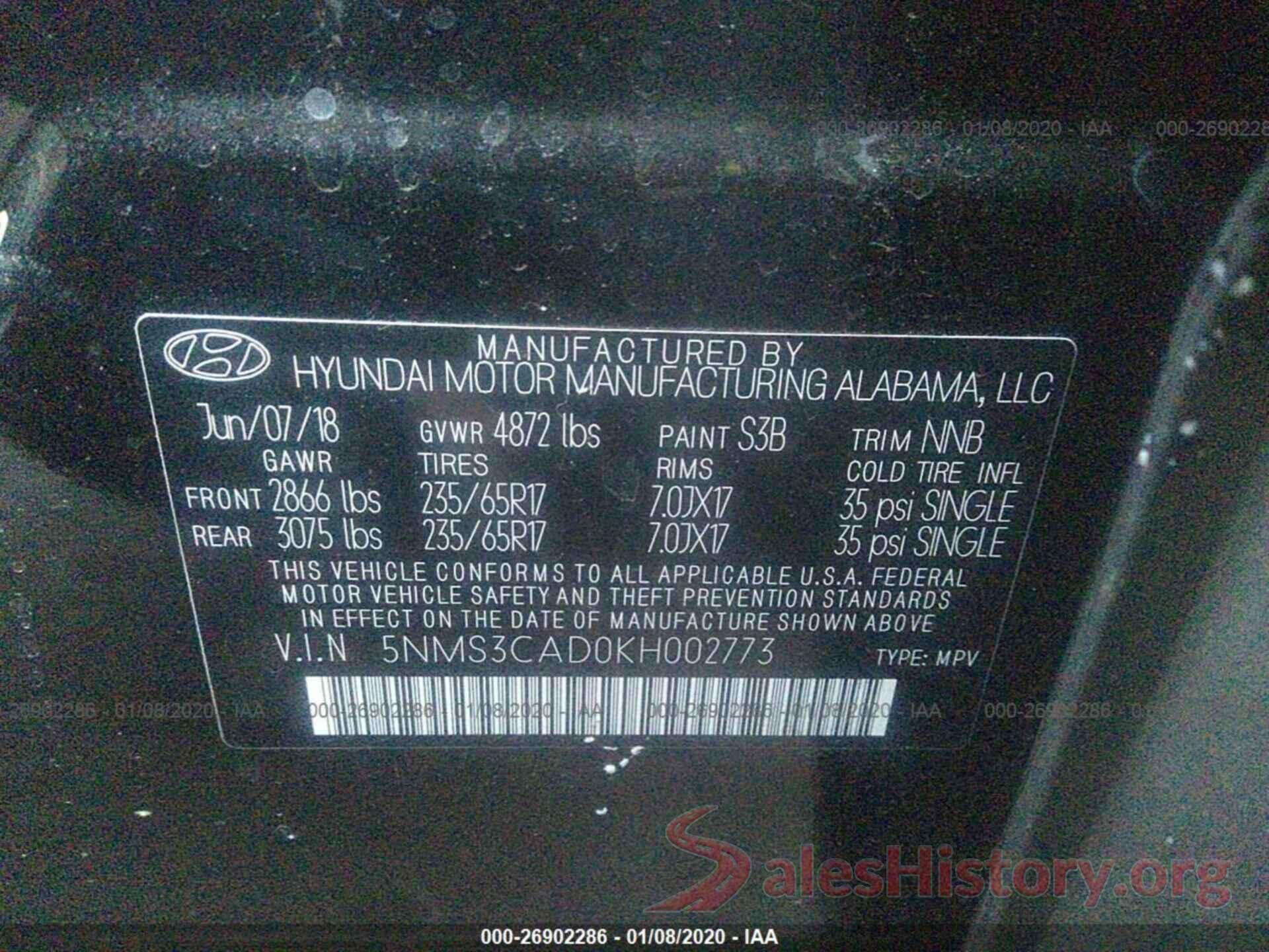 5NMS3CAD0KH002773 2019 HYUNDAI SANTA FE