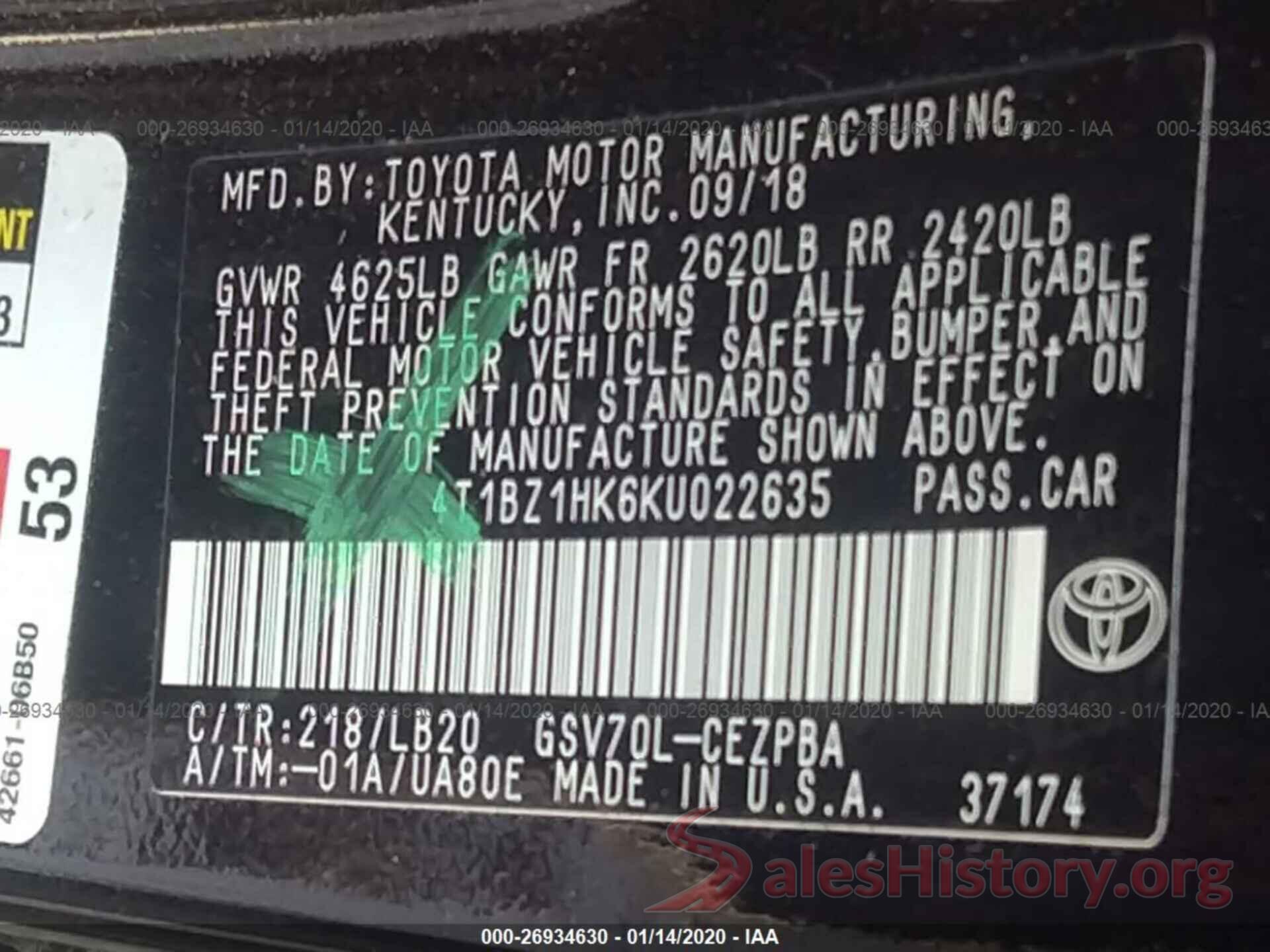 4T1BZ1HK6KU022635 2019 TOYOTA CAMRY