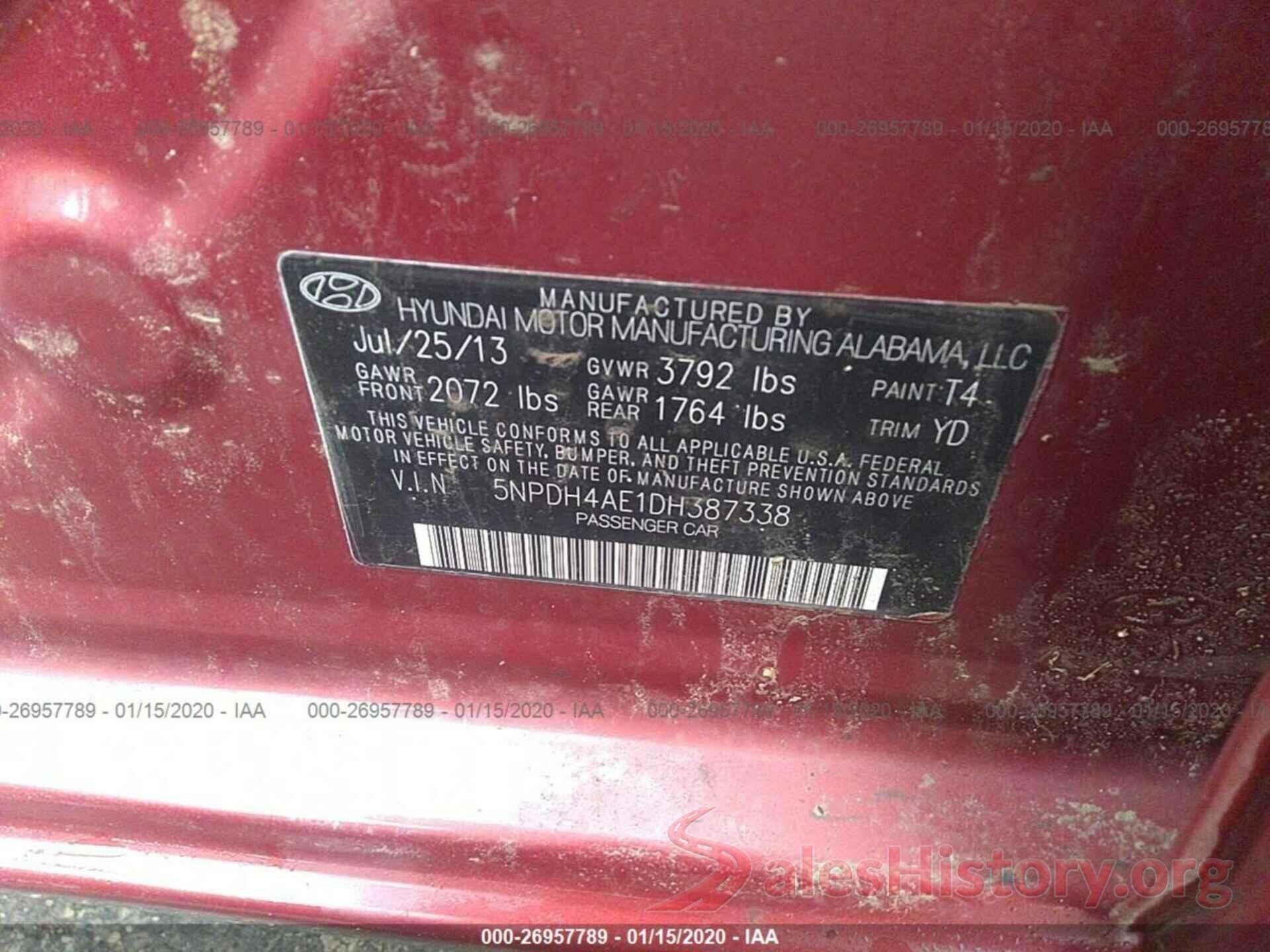 5NPDH4AE1DH387338 2013 HYUNDAI ELANTRA