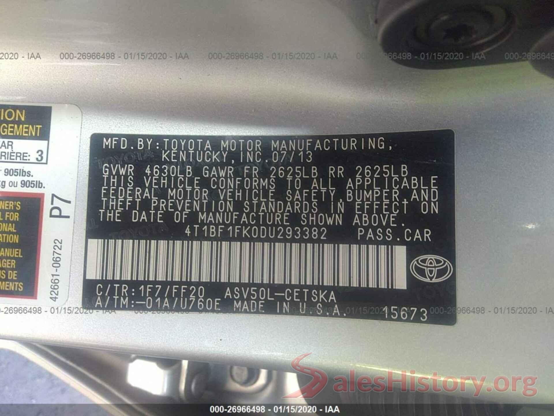 4T1BF1FK0DU293382 2013 TOYOTA CAMRY