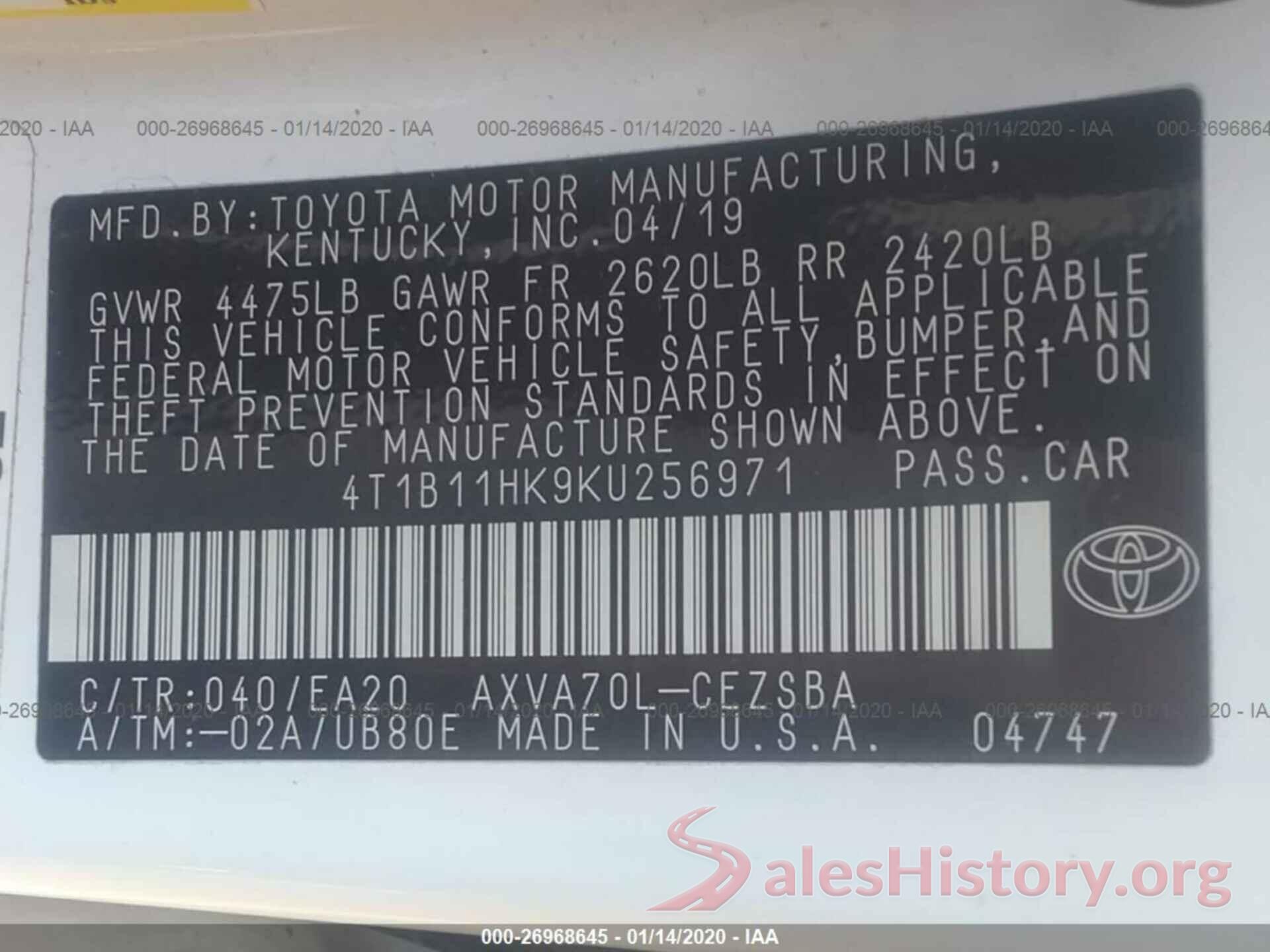 4T1B11HK9KU256971 2019 TOYOTA CAMRY