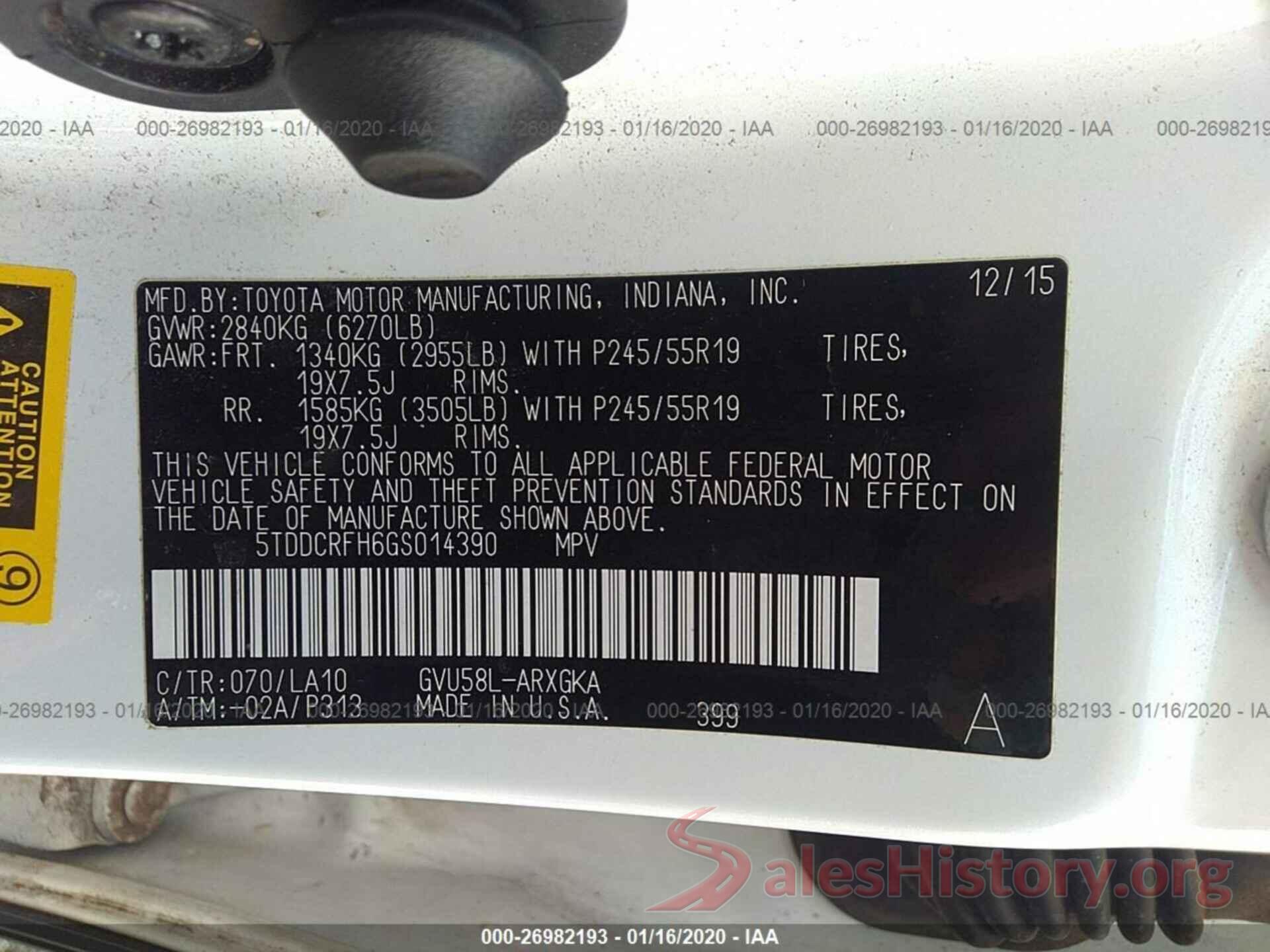 5TDDCRFH6GS014390 2016 TOYOTA HIGHLANDER