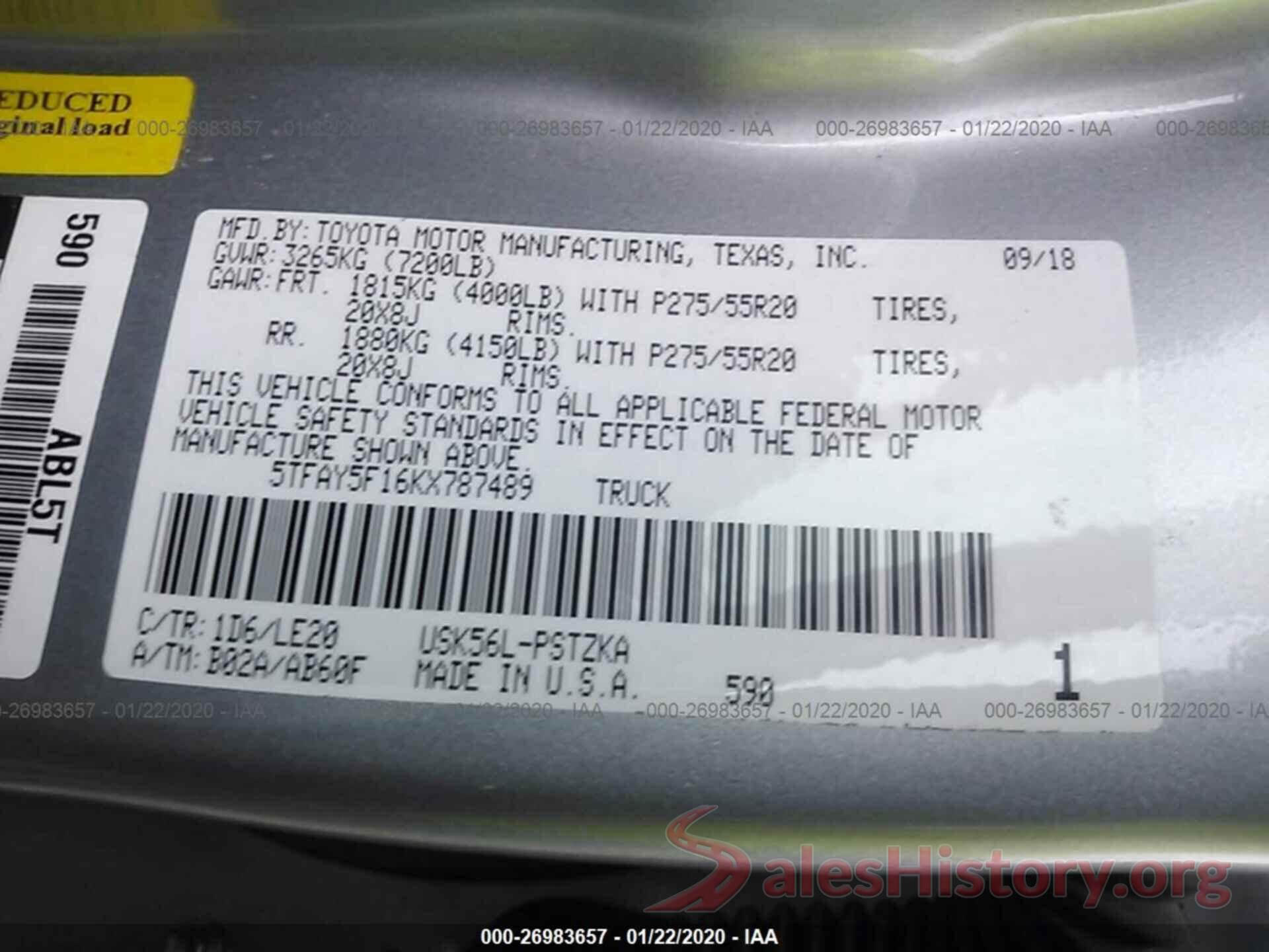 5TFAY5F16KX787489 2019 TOYOTA TUNDRA