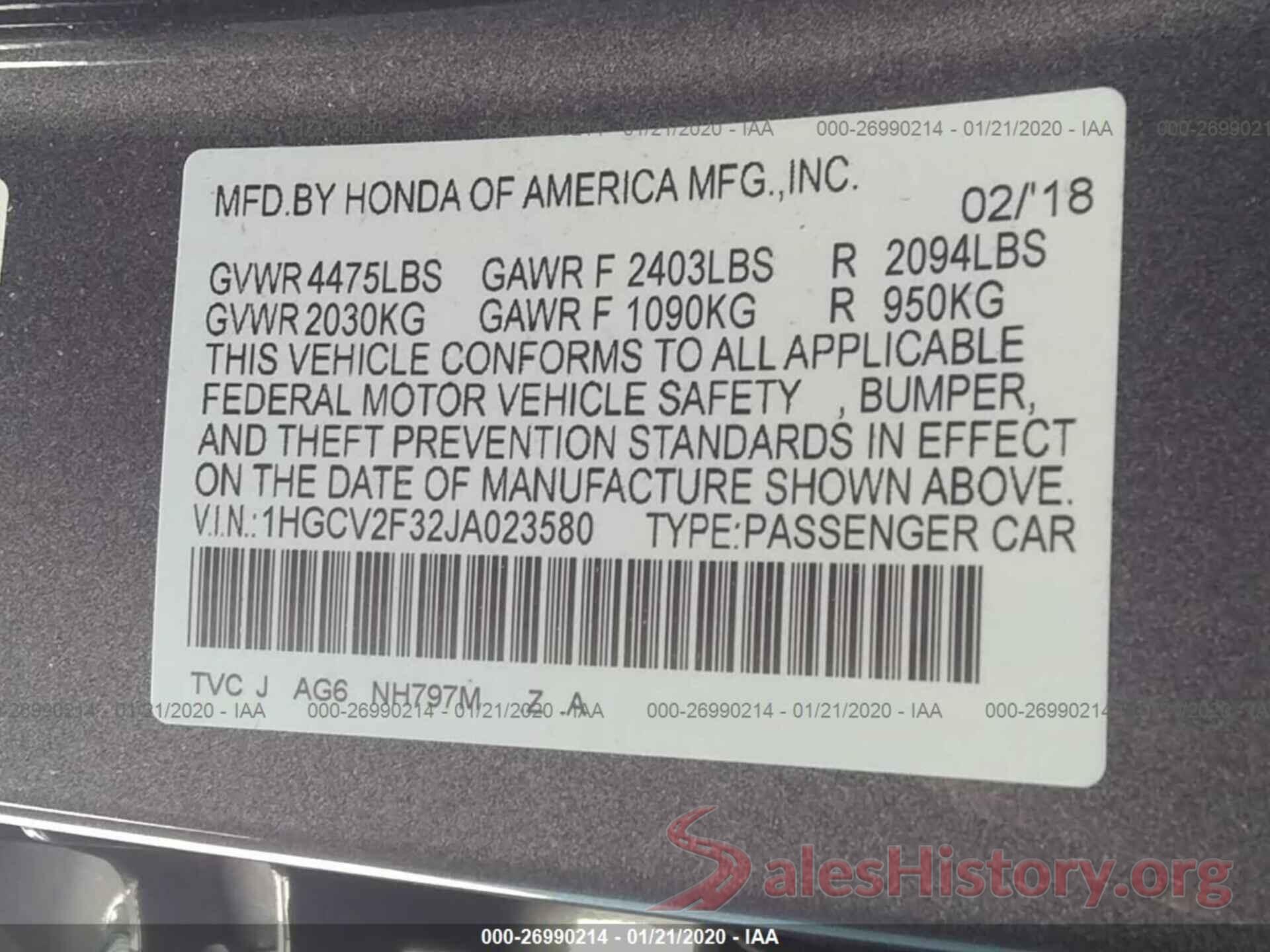 1HGCV2F32JA023580 2018 HONDA ACCORD