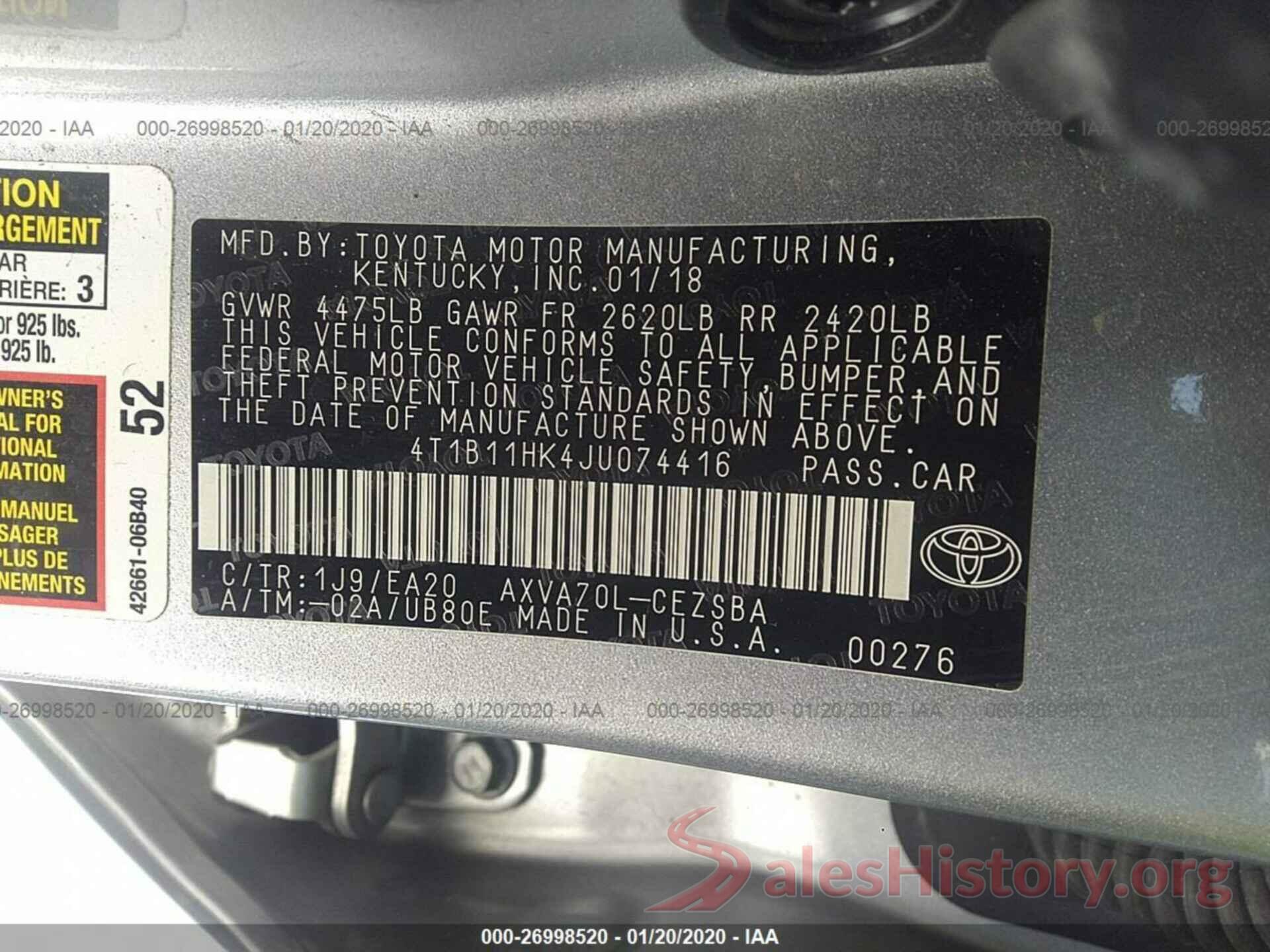 4T1B11HK4JU074416 2018 TOYOTA CAMRY