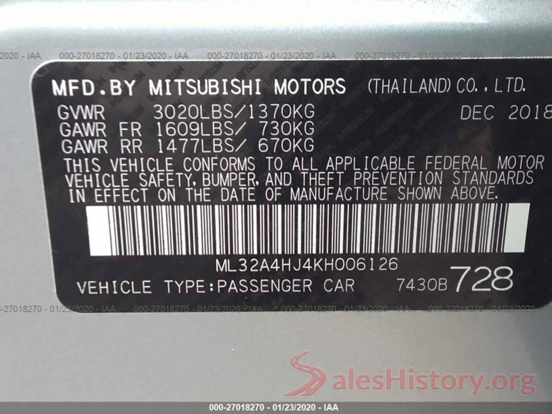 ML32A4HJ4KH006126 2019 MITSUBISHI MIRAGE