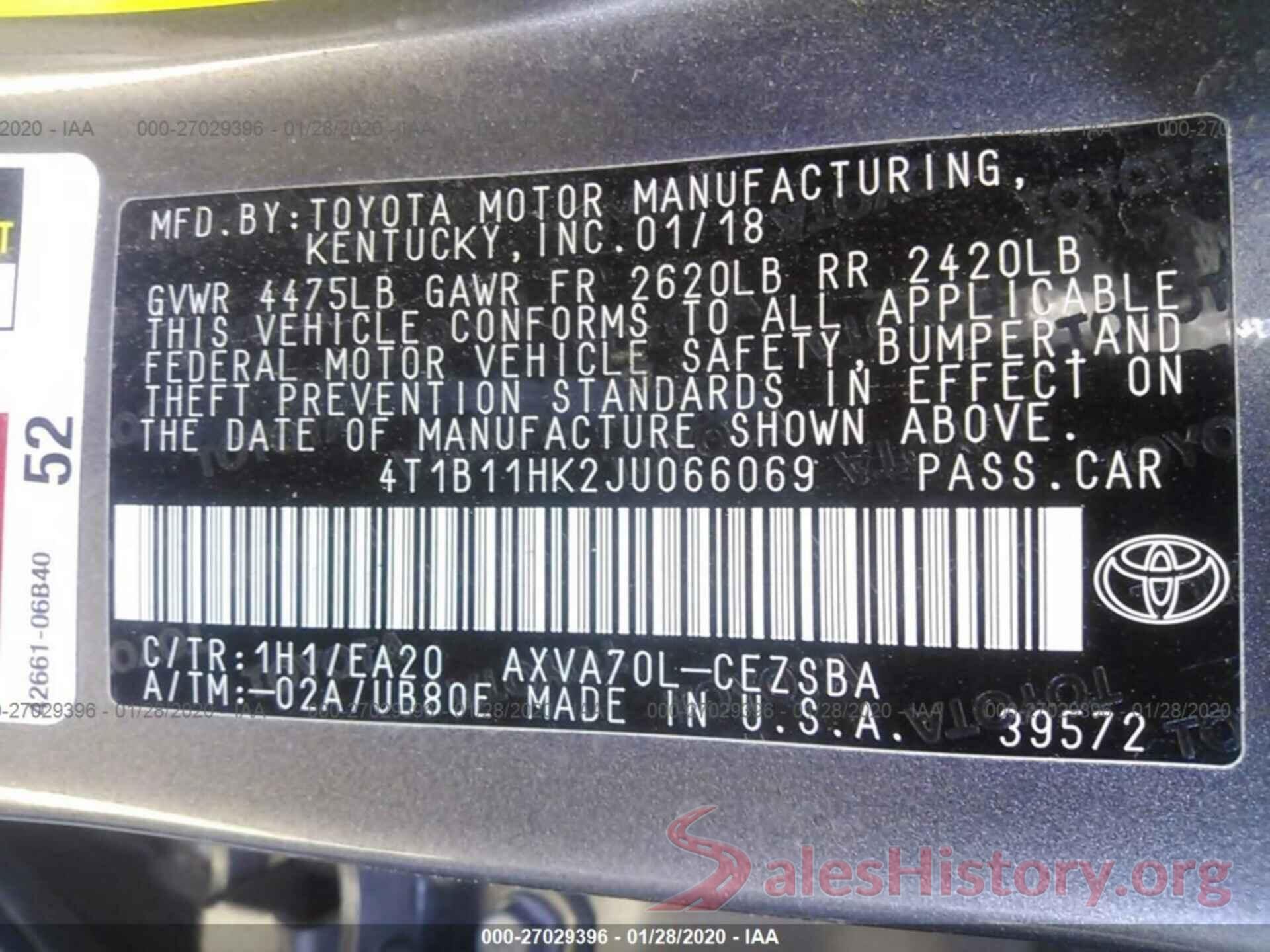 4T1B11HK2JU066069 2018 TOYOTA CAMRY