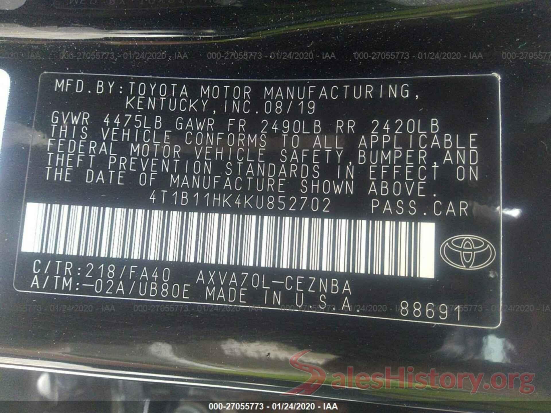 4T1B11HK4KU852702 2019 TOYOTA CAMRY