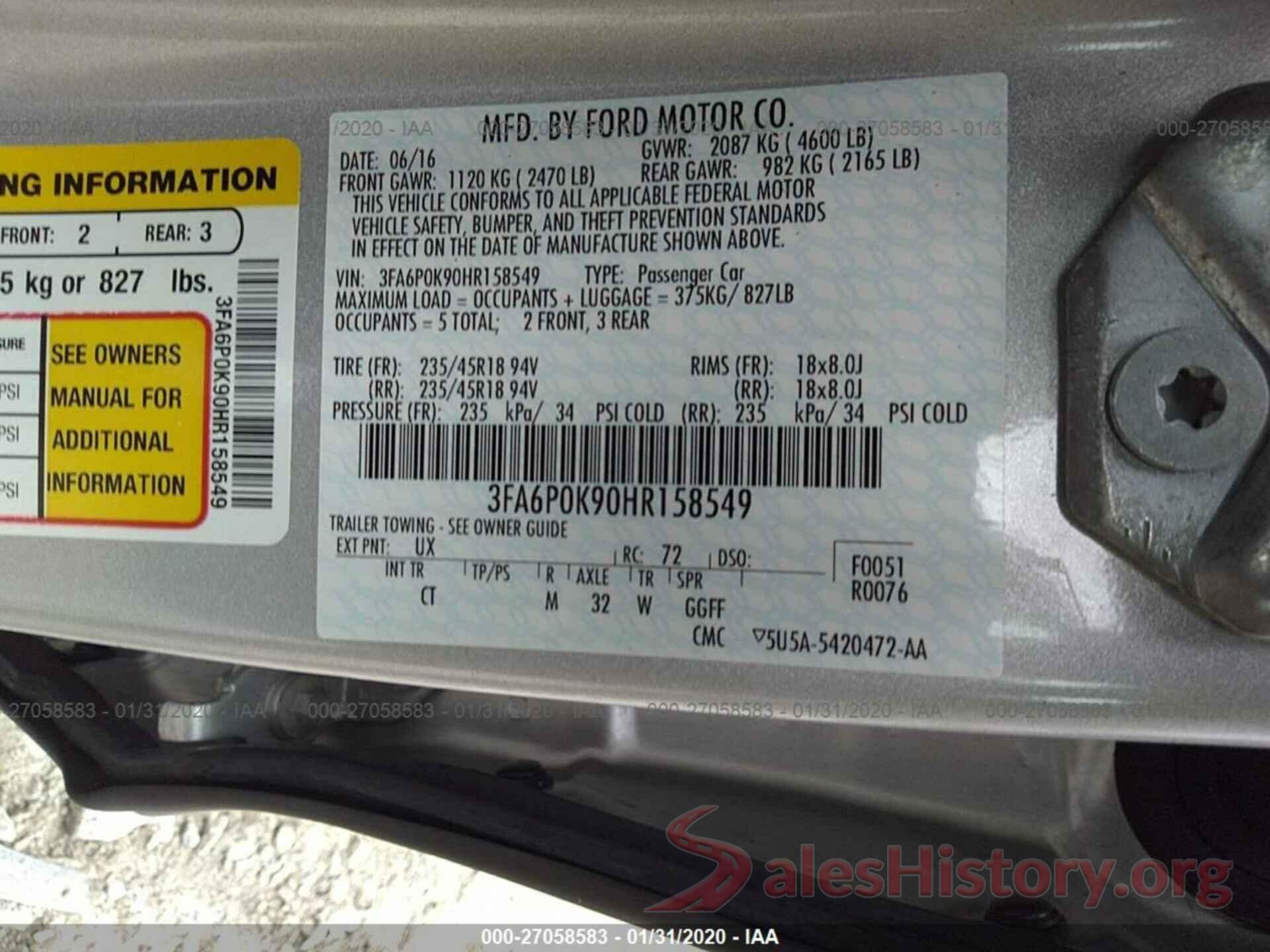 3FA6P0K90HR158549 2017 FORD FUSION