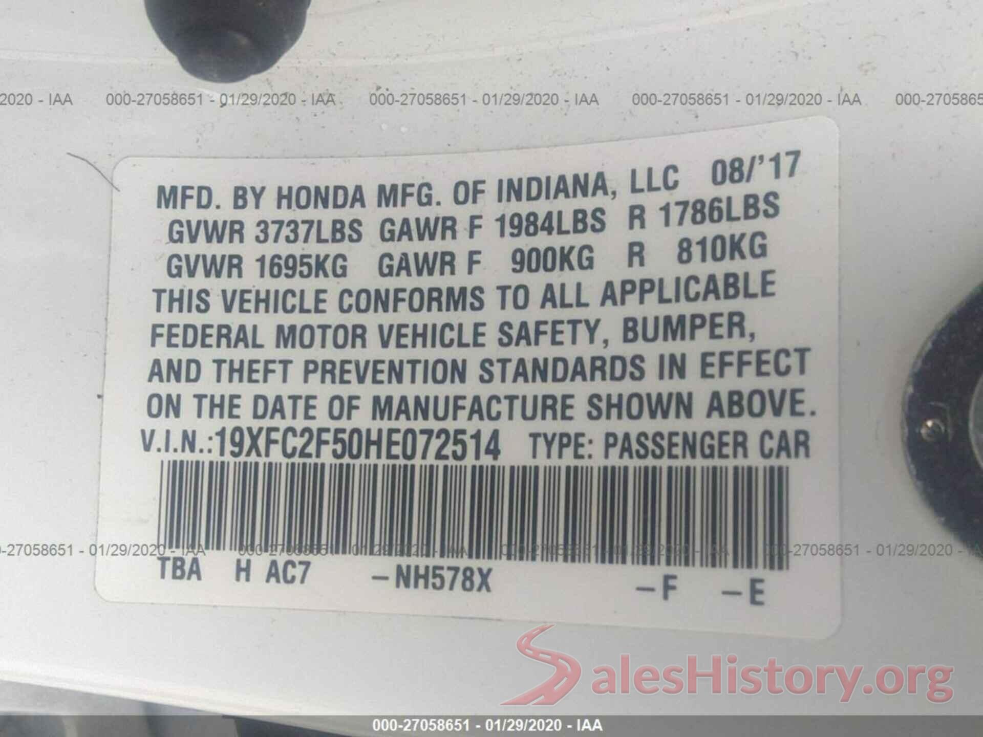 19XFC2F50HE072514 2017 HONDA CIVIC