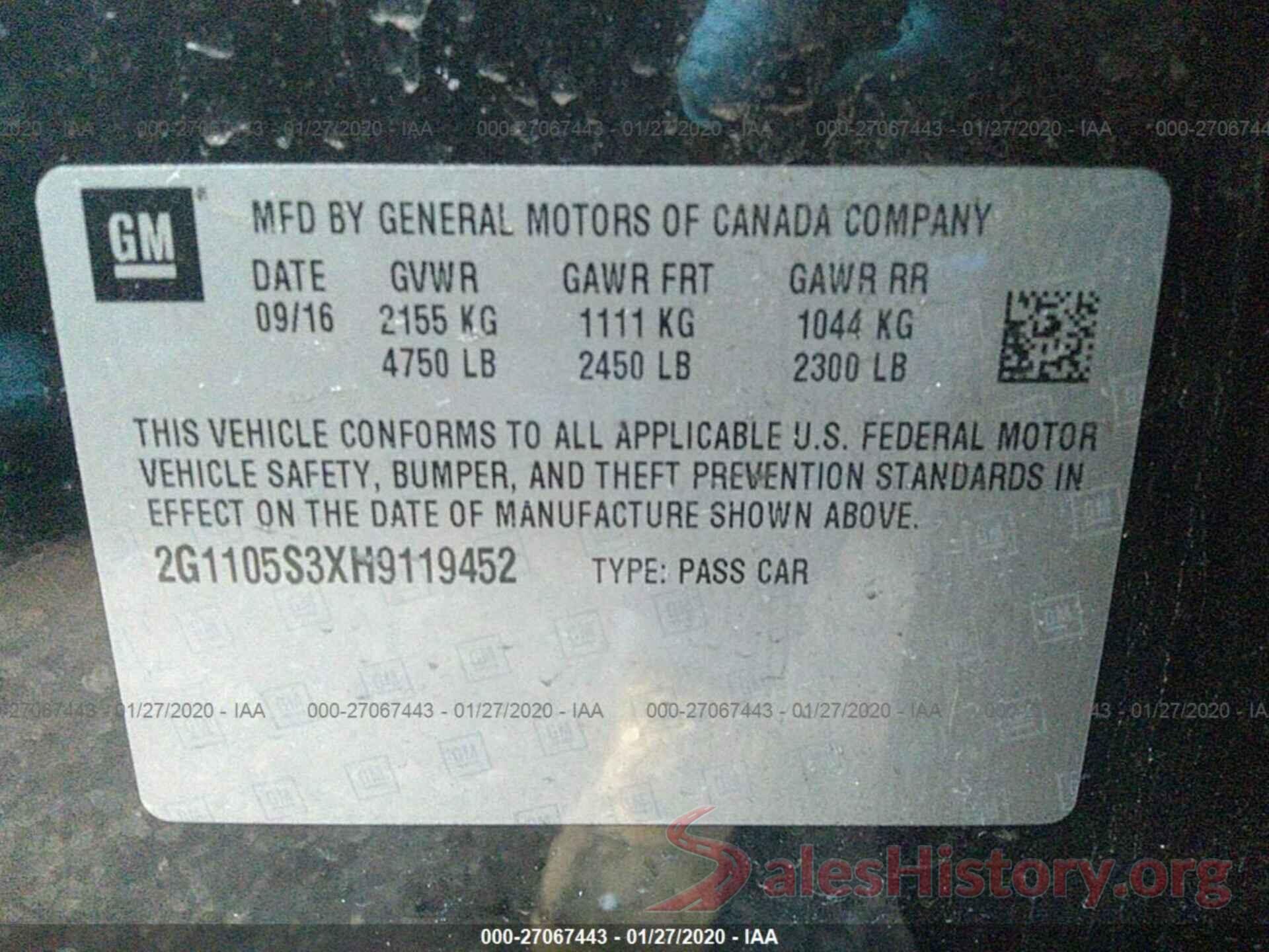 2G1105S3XH9119452 2017 CHEVROLET IMPALA