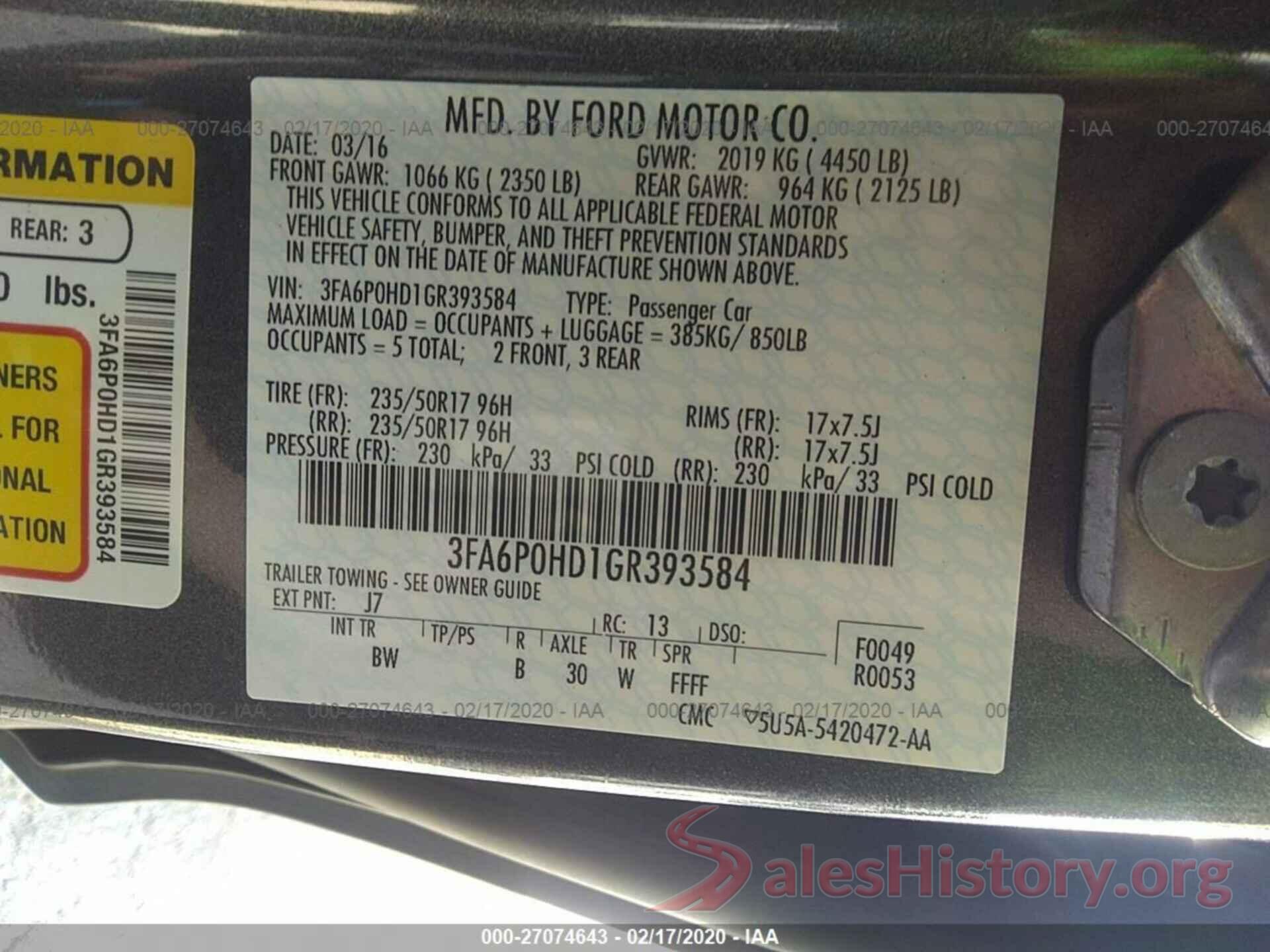 3FA6P0HD1GR393584 2016 FORD FUSION