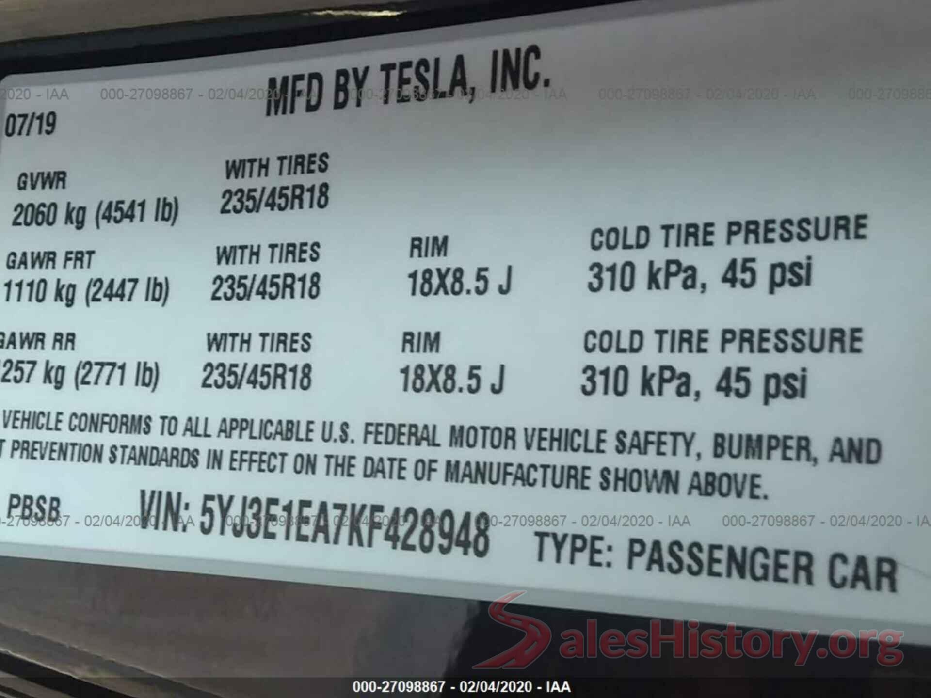 5YJ3E1EA7KF428948 2019 TESLA MODEL 3