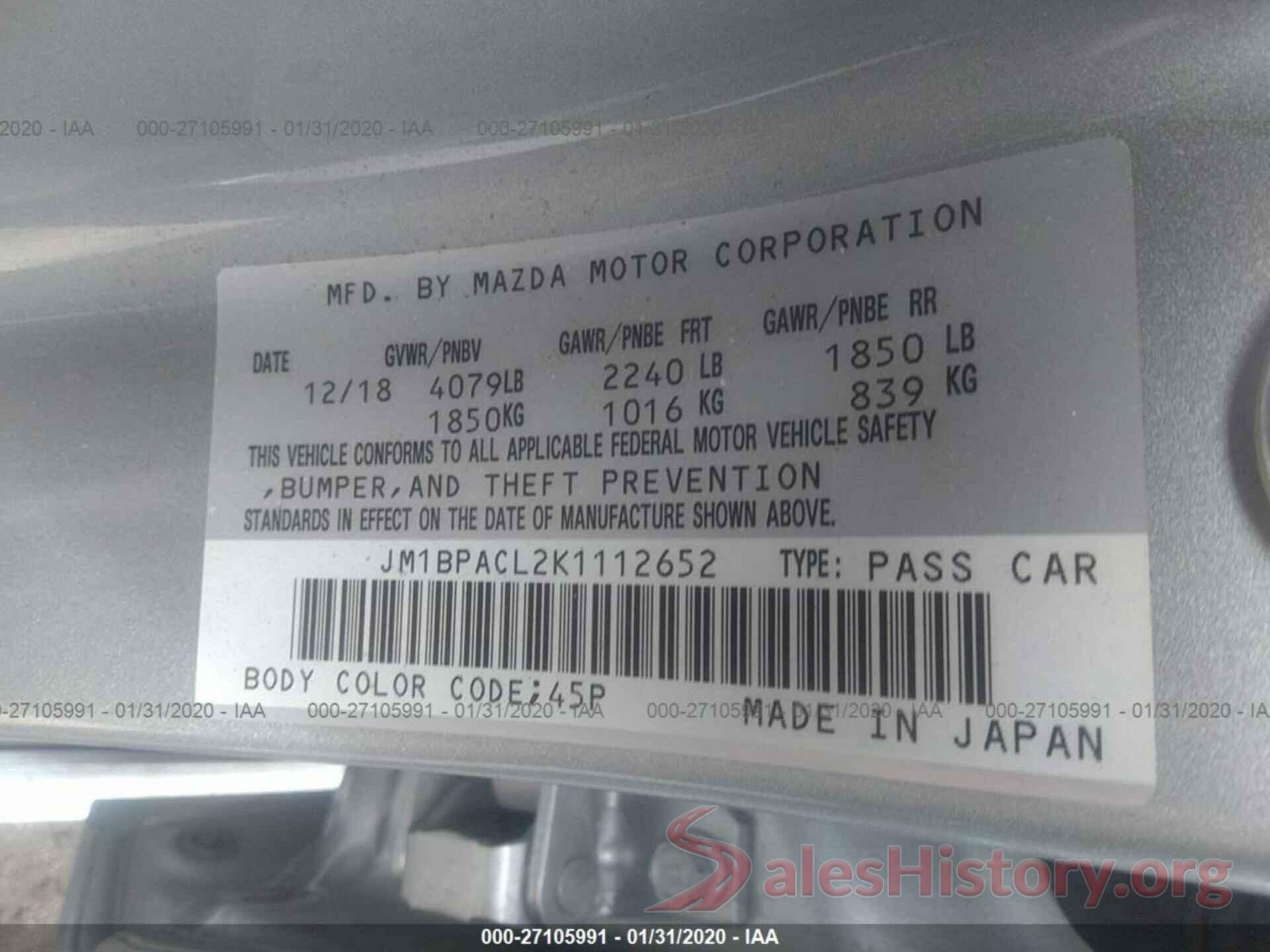 JM1BPACL2K1112652 2019 MAZDA 3