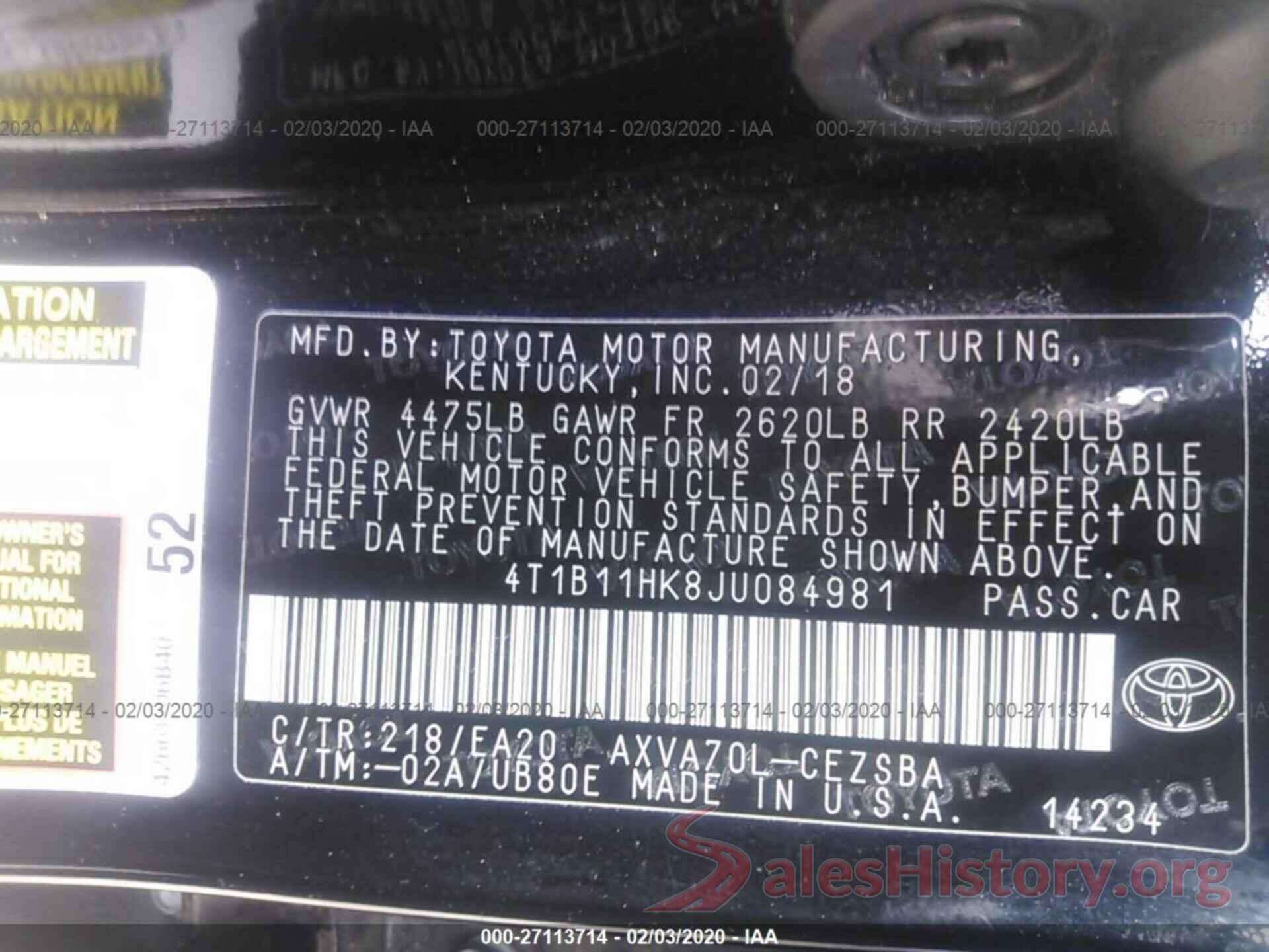 4T1B11HK8JU084981 2018 TOYOTA CAMRY