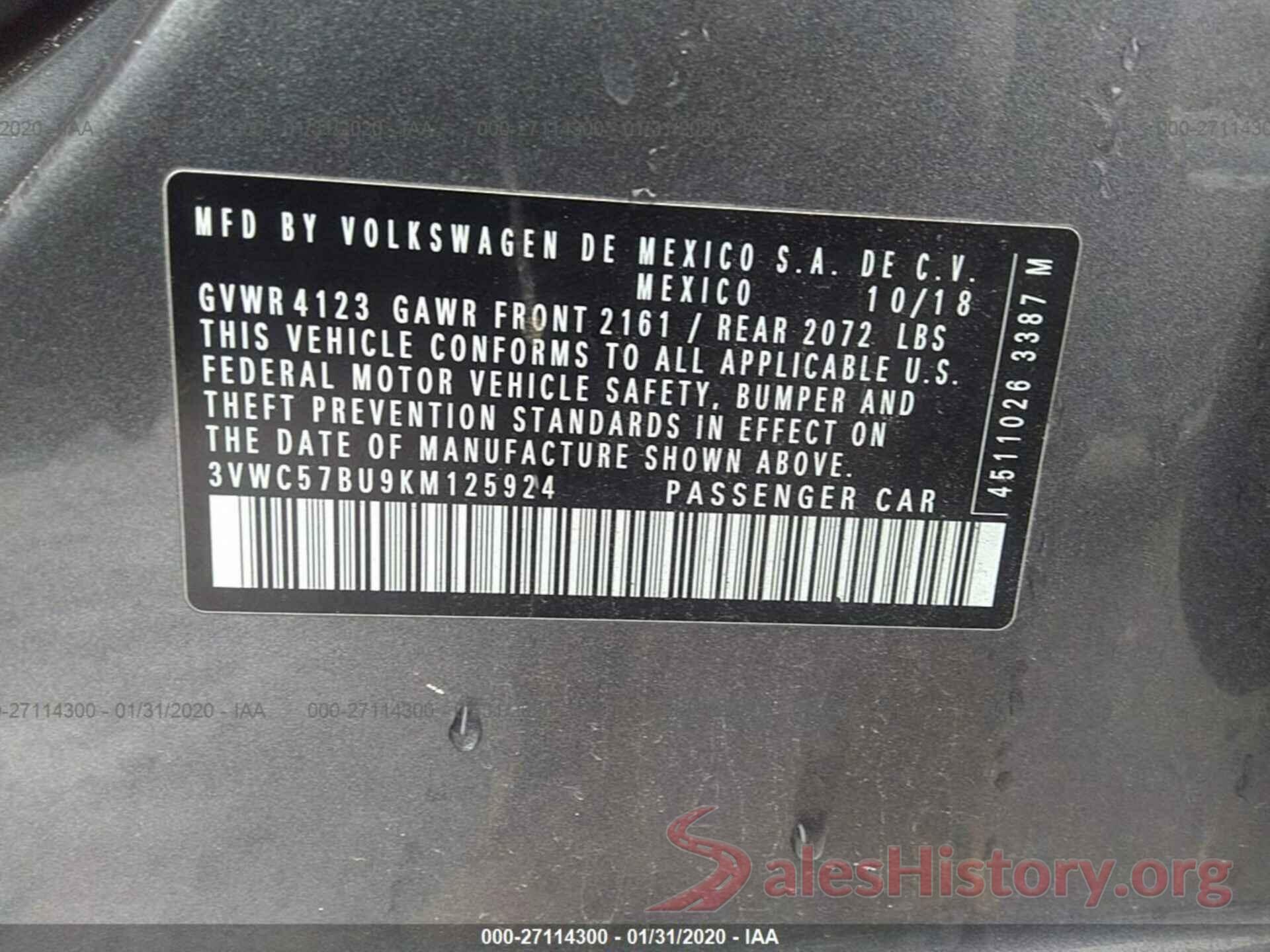 3VWC57BU9KM125924 2019 VOLKSWAGEN JETTA