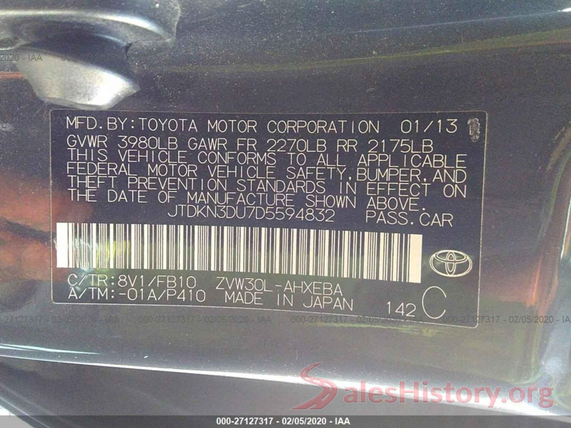 JTDKN3DU7D5594832 2013 TOYOTA PRIUS