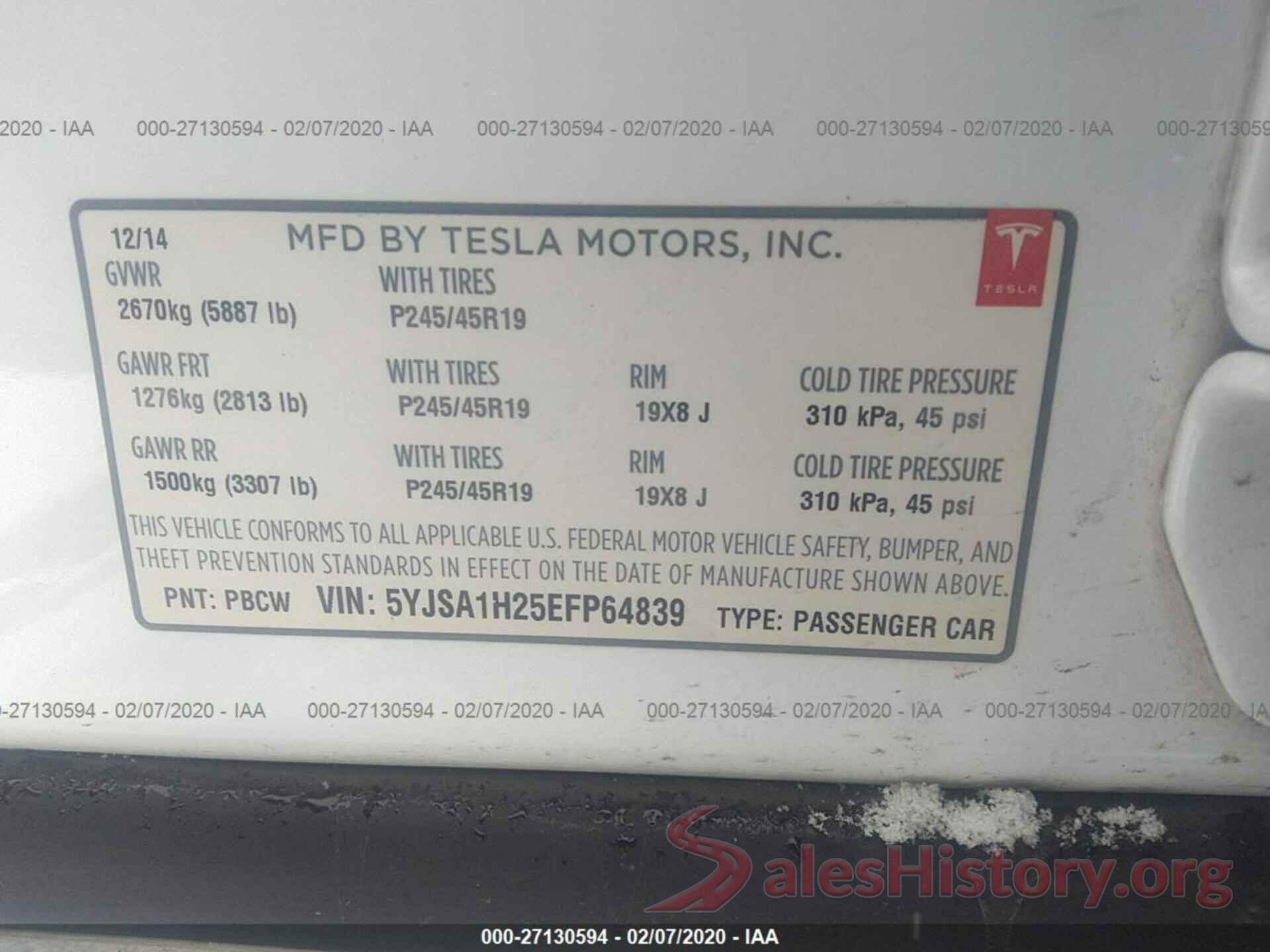 5YJSA1H25EFP64839 2014 TESLA MODEL S