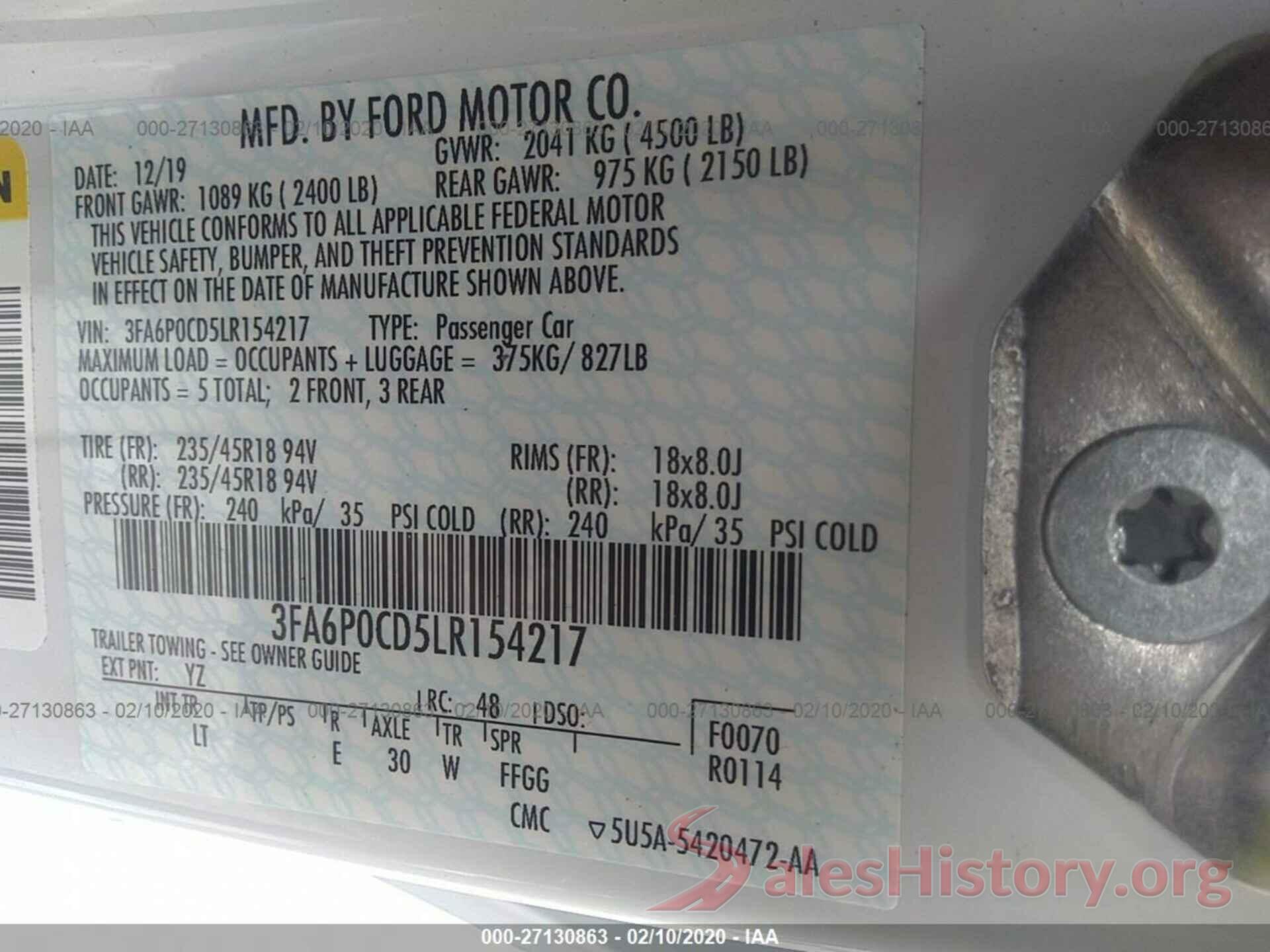 3FA6P0CD5LR154217 2020 FORD FUSION