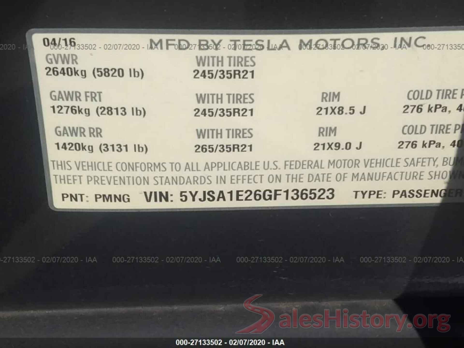 5YJSA1E26GF136523 2016 TESLA MODEL S