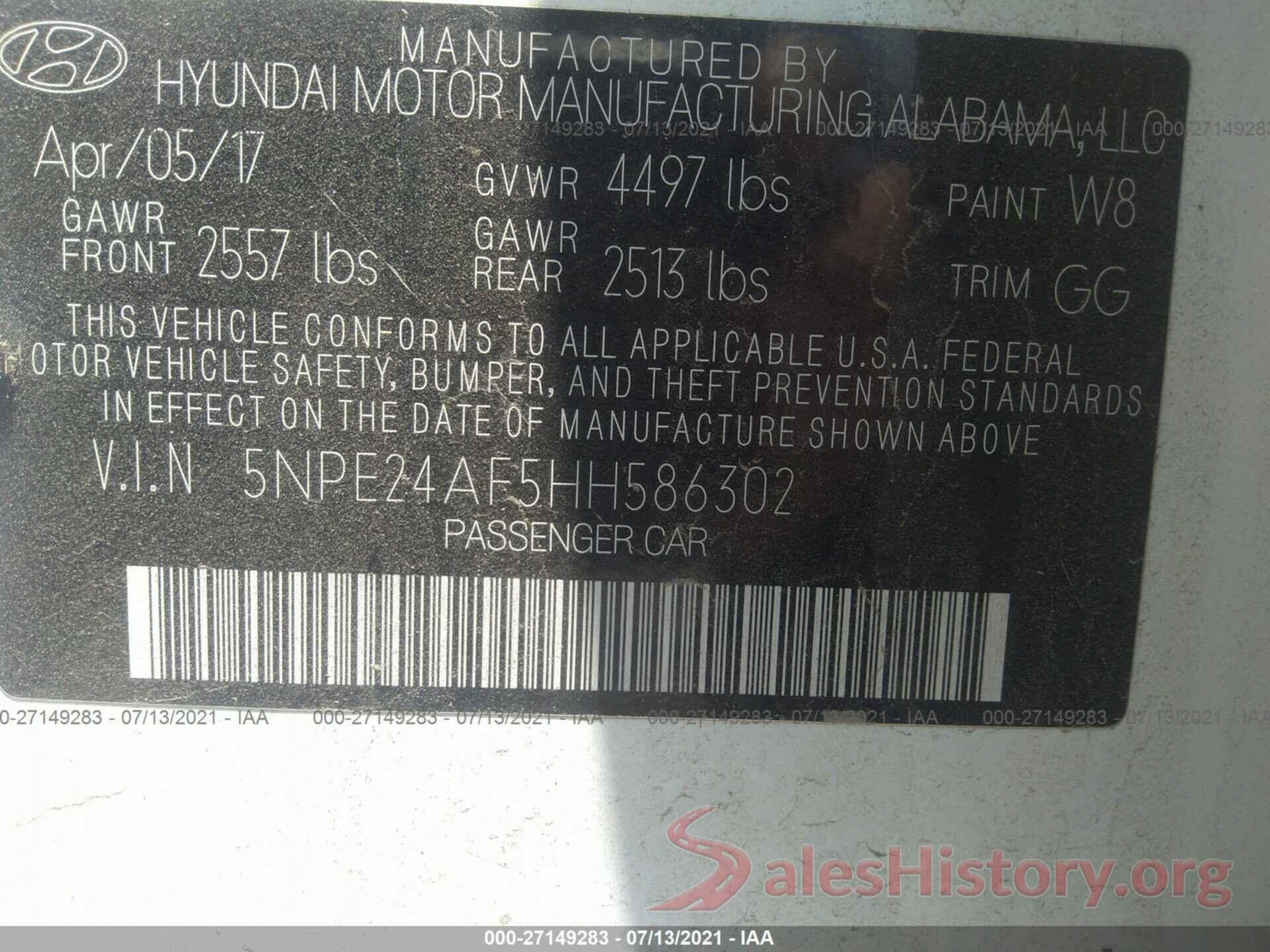 5NPE24AF5HH586302 2017 HYUNDAI SONATA