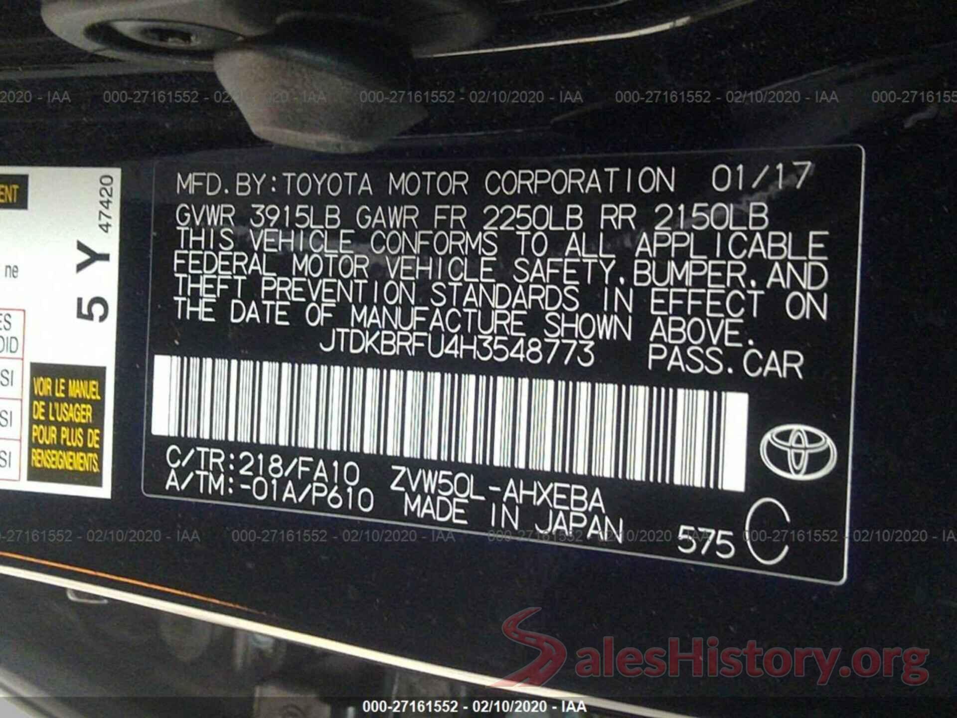 JTDKBRFU4H3548773 2017 TOYOTA PRIUS