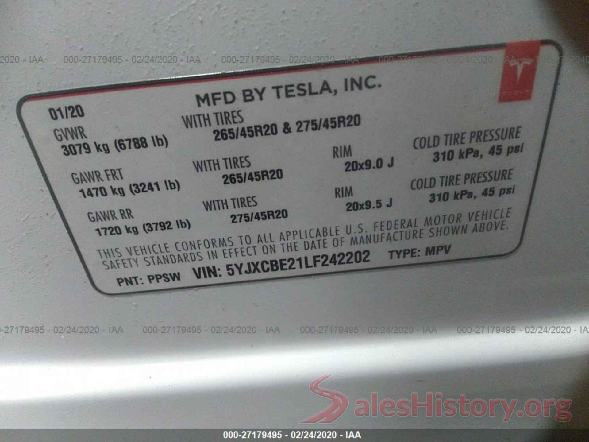 5YJXCBE21LF242202 2020 TESLA MODEL X