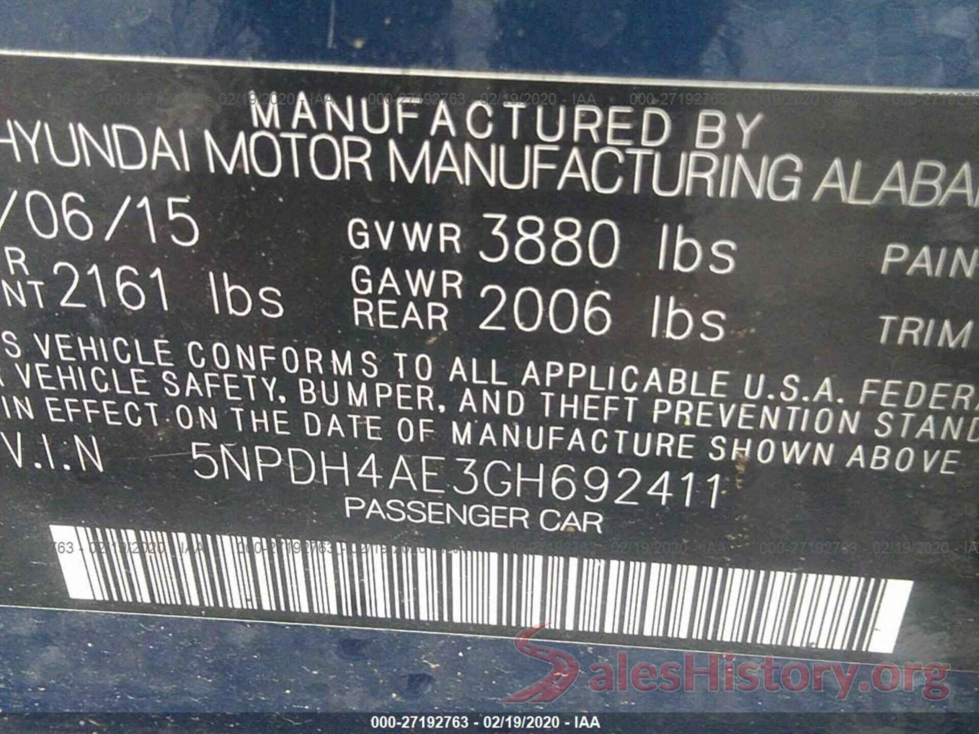 5NPDH4AE3GH692411 2016 HYUNDAI ELANTRA